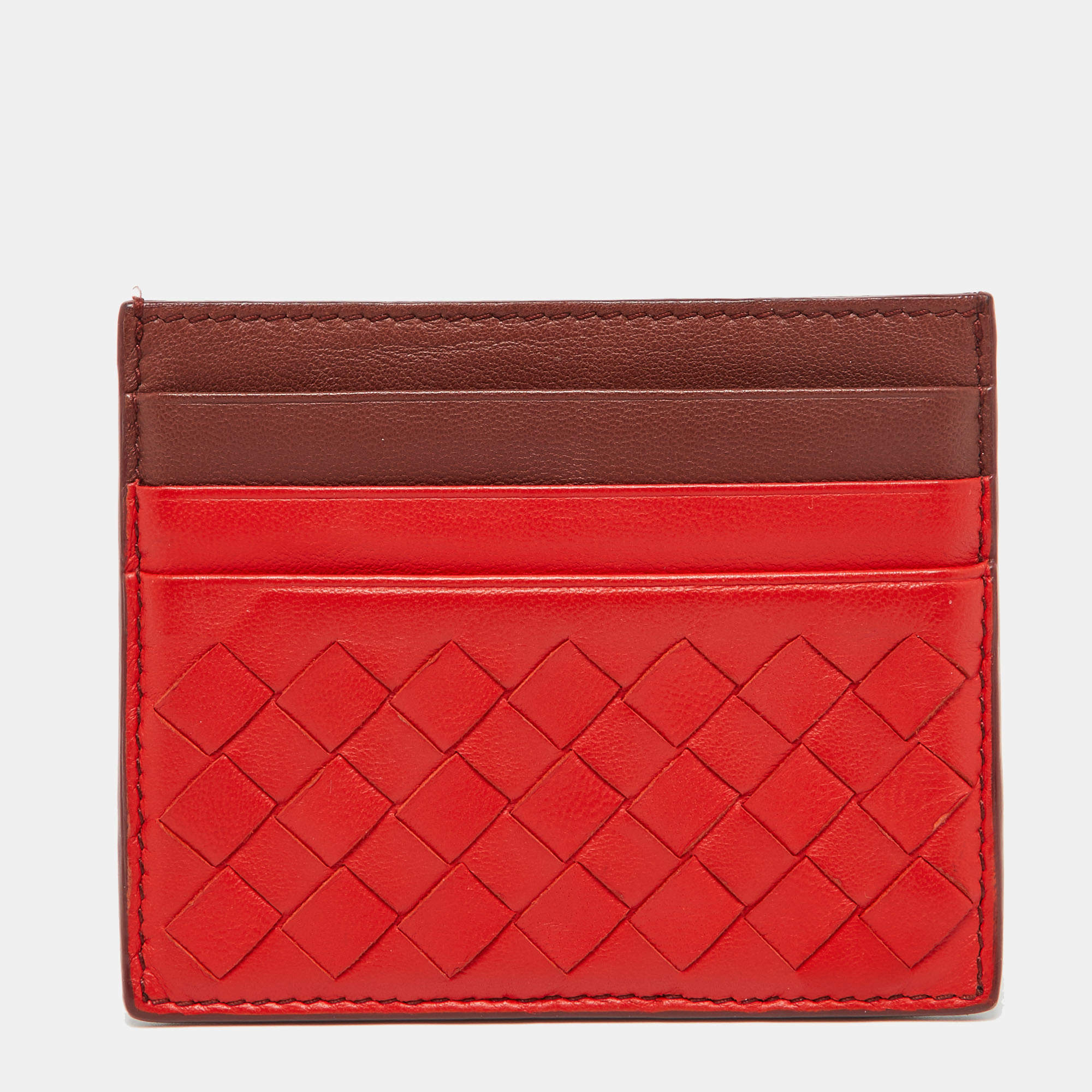 Bottega Veneta Orange/Burgundy Intrecciato Leather Card Holder