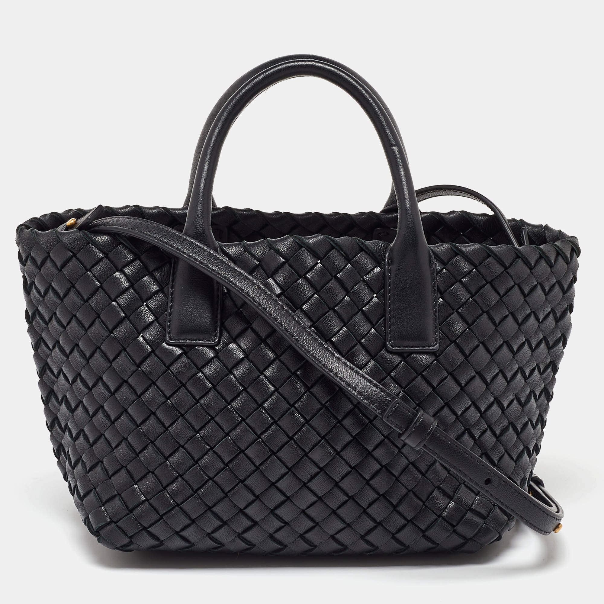 Pre Owned Bottega Veneta Black Intrecciato Leather Mini Cabat Tote