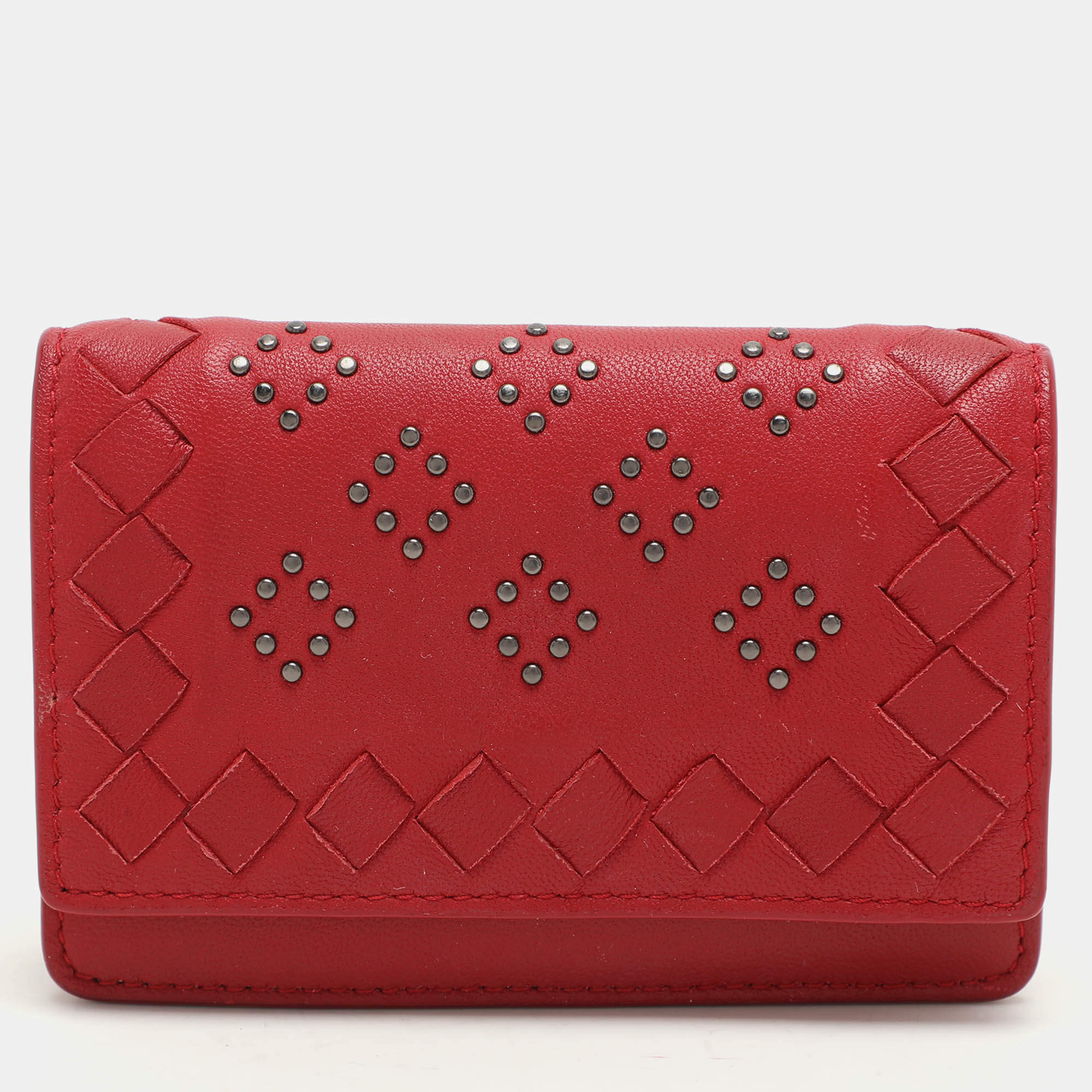 Pre Owned Bottega Veneta Red Intrecciato Leather Embellished Coin Purse