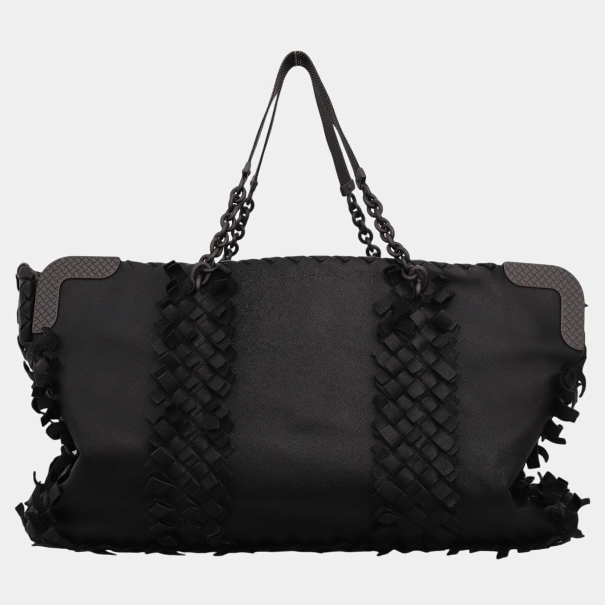 Bottega Veneta Black Leather Spring 2013 Intrecciato Fringe Tote Bag 