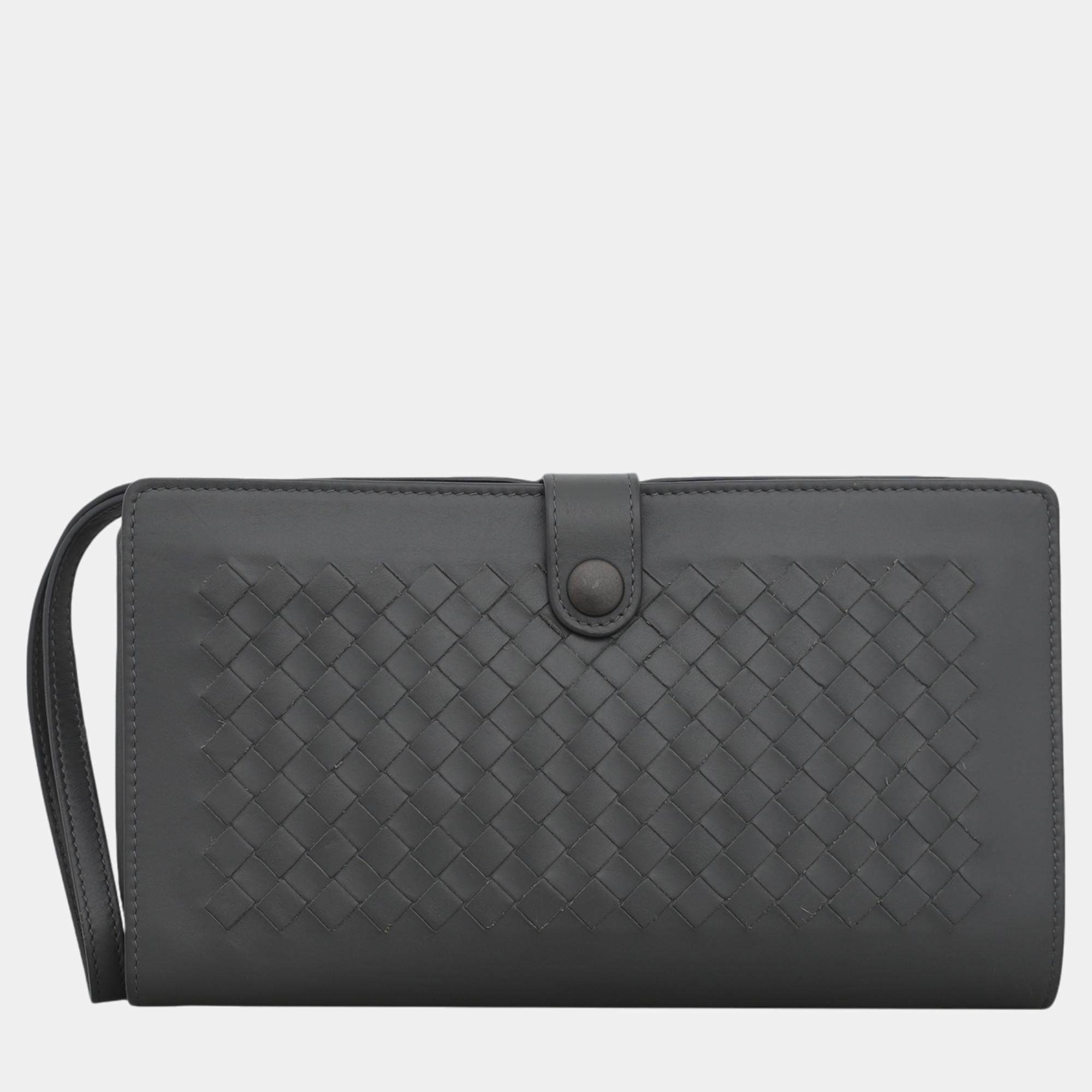 Bottega Veneta Grey Leather Woven Clutch 