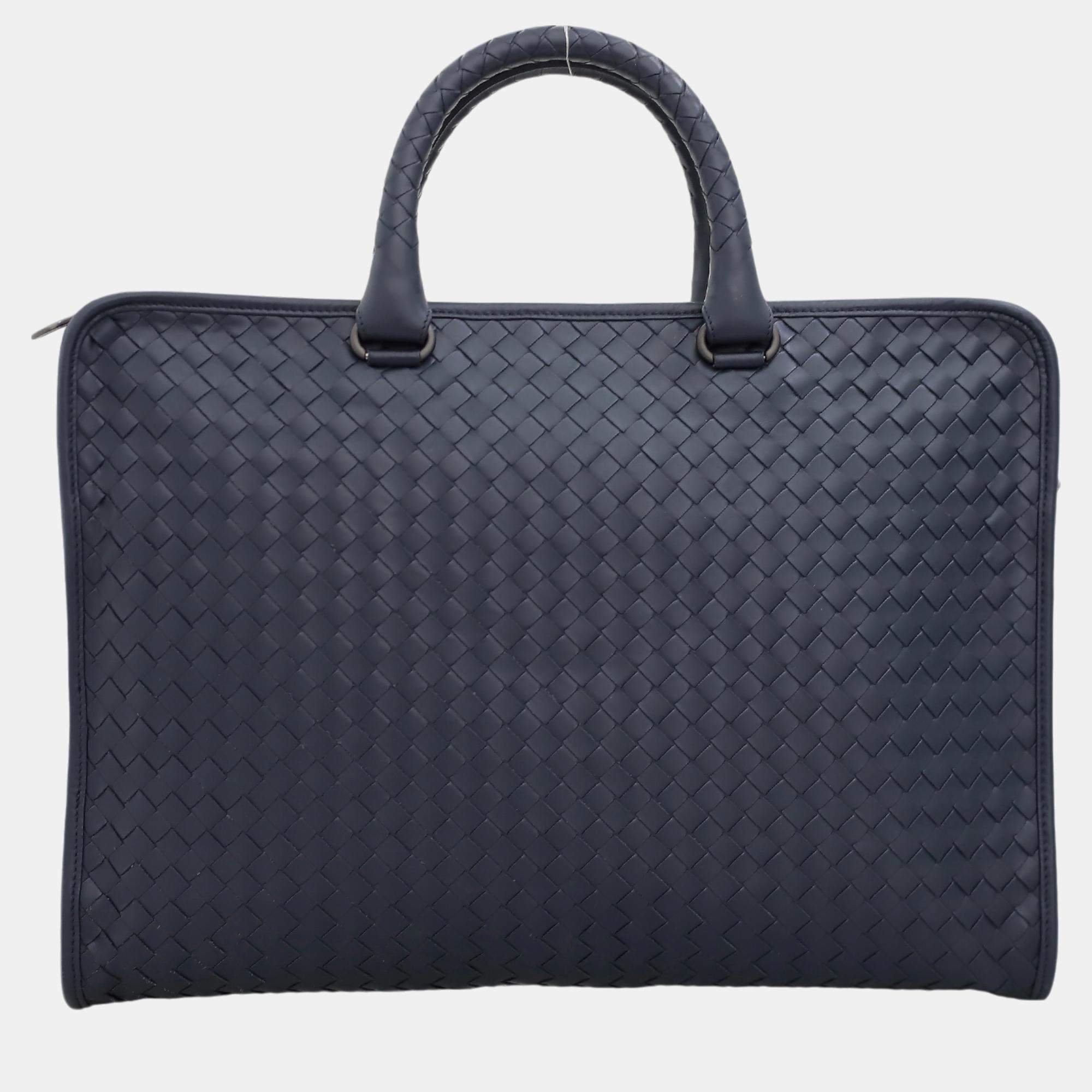 Pre Owned Bottega Veneta Blue Leather Intreciatto Laptop Briefcase Bag