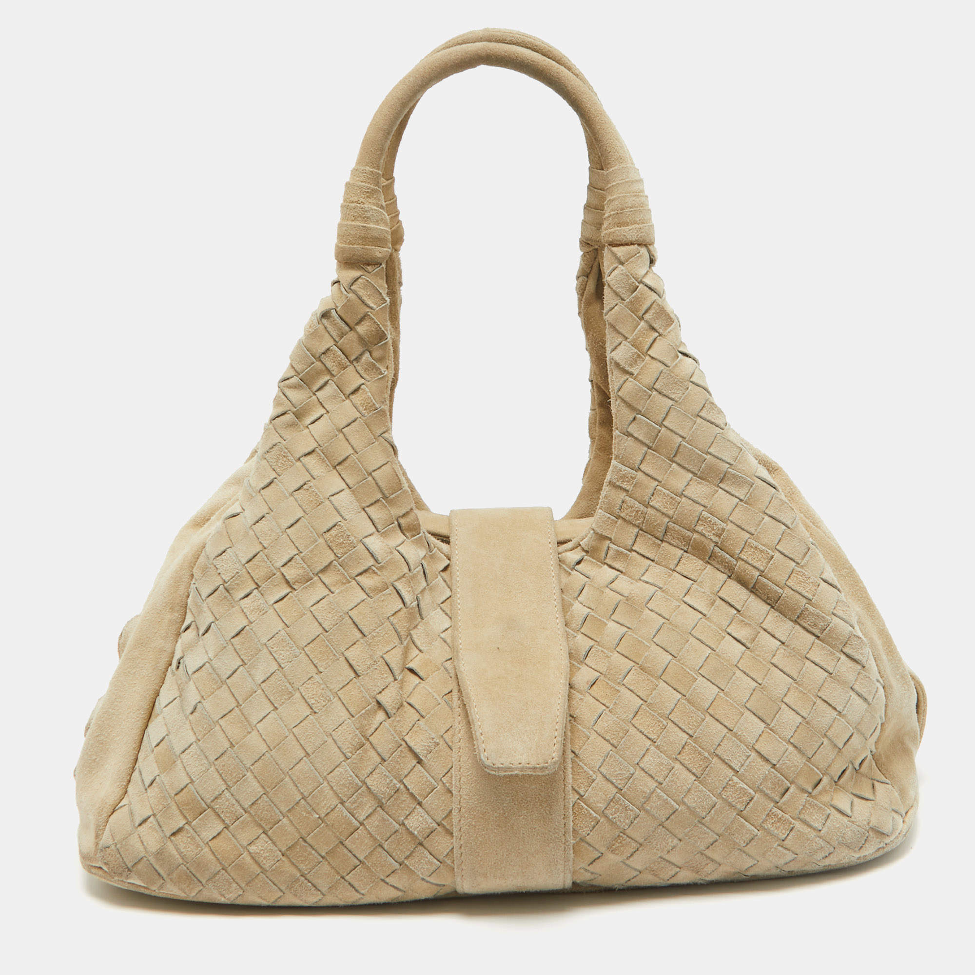 Pre Owned Bottega Veneta Light Beige Intrecciato Suede Shoulder Bag
