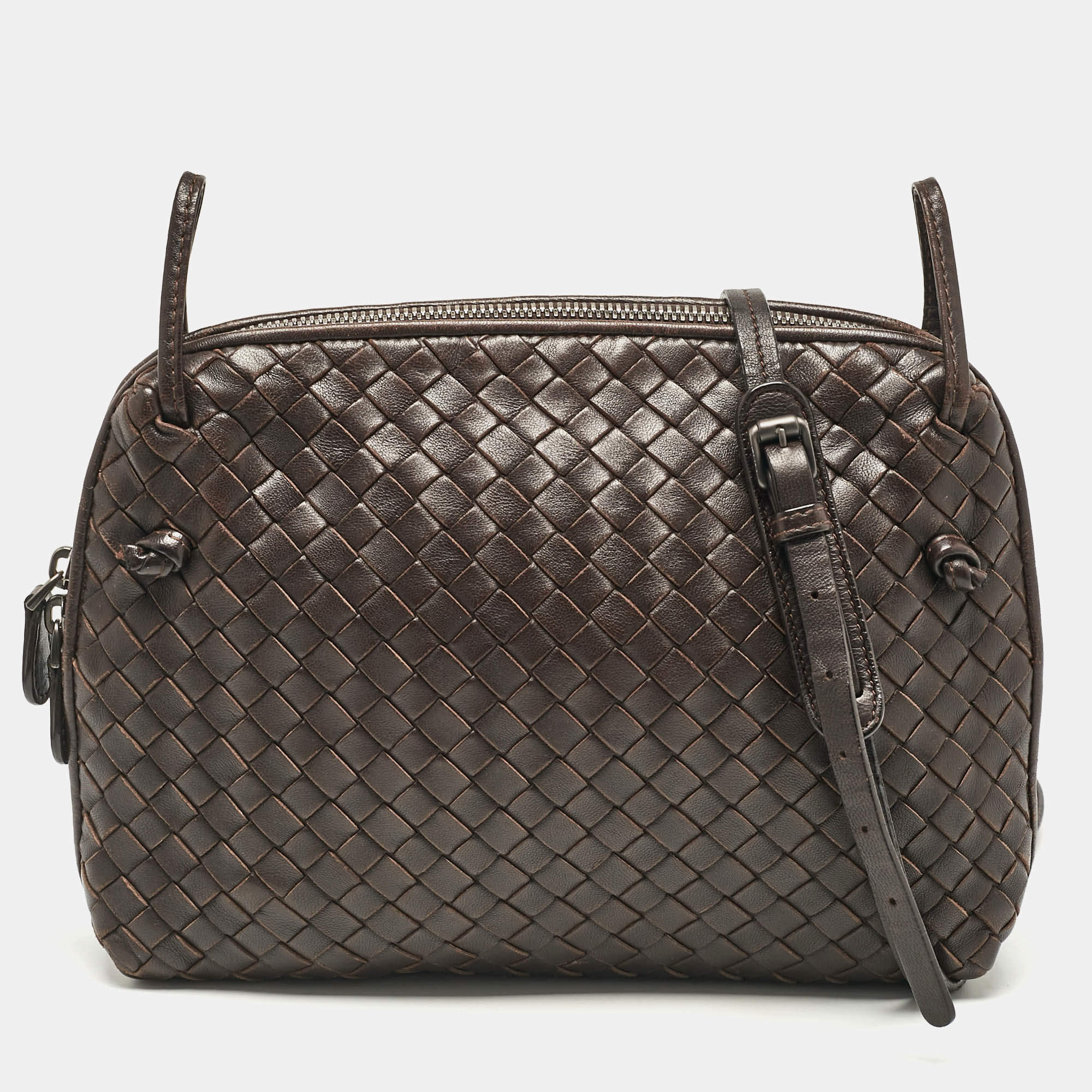 Bottega Veneta Dark Brown Intrecciato Leather Leather Nodini Crossbody Bag