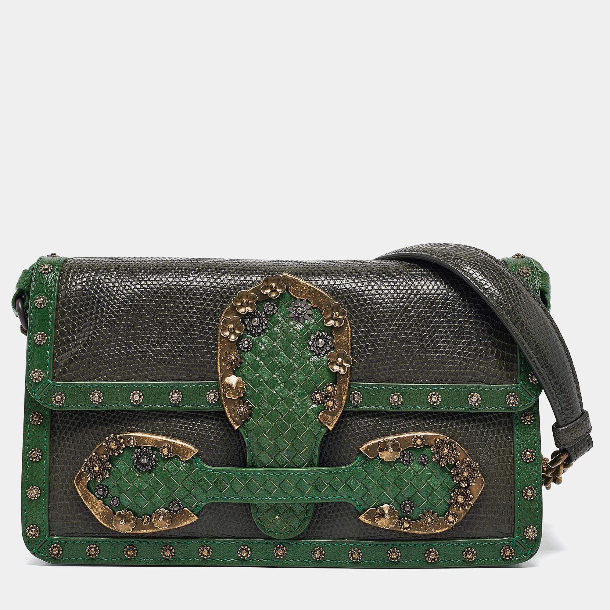 Pre Owned Bottega Veneta Two Tone Green Karung and Leather Embellished Irish Madras Shoulder Bag