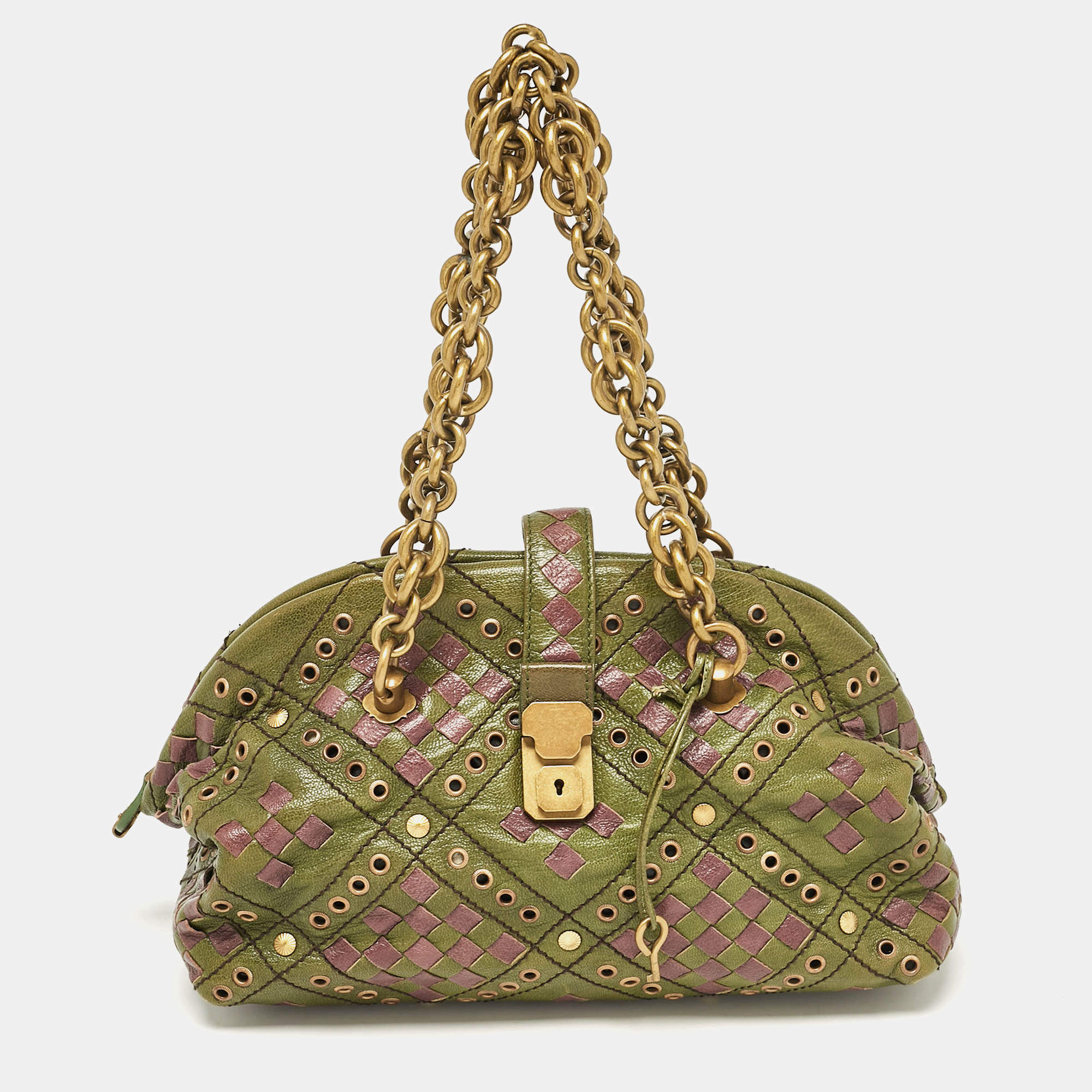 Pre Owned Bottega Veneta Green/Purple Intrecciato Leather Bowler Bag