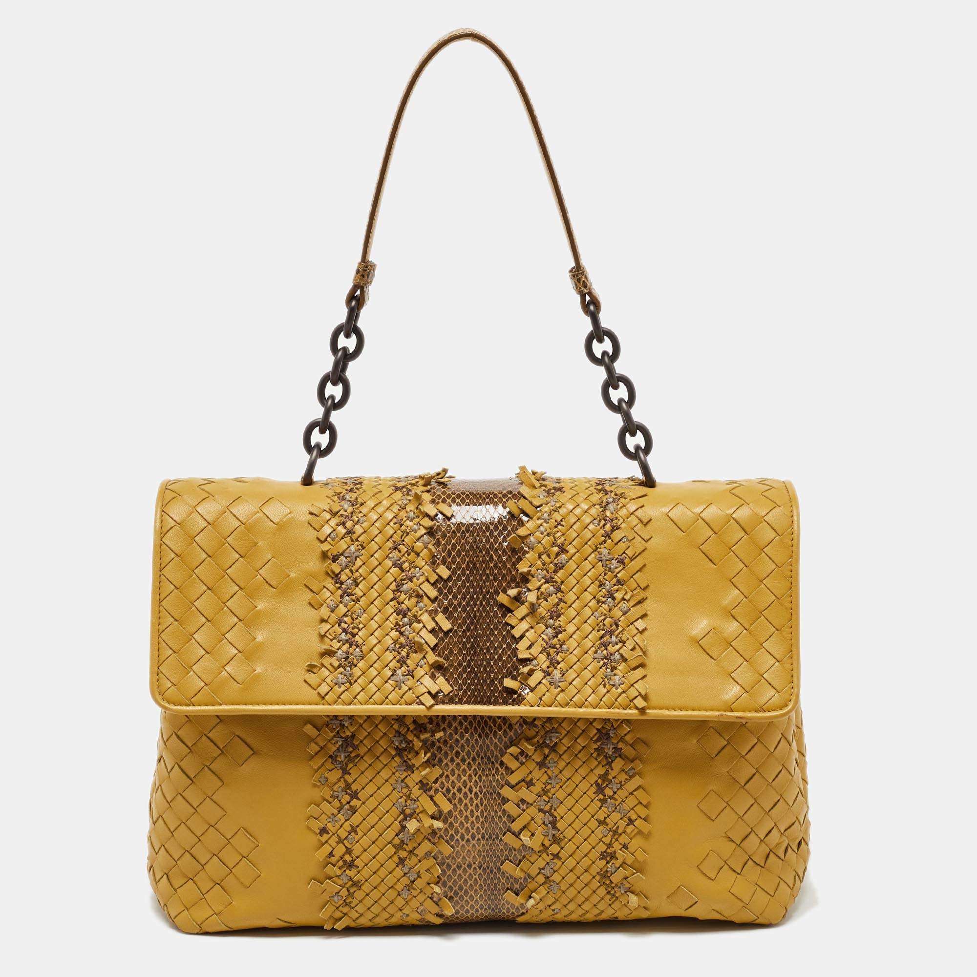 Bottega Veneta Yellow/Brown Intrecciato Leather and Watersnake Olimpia Shoulder Bag