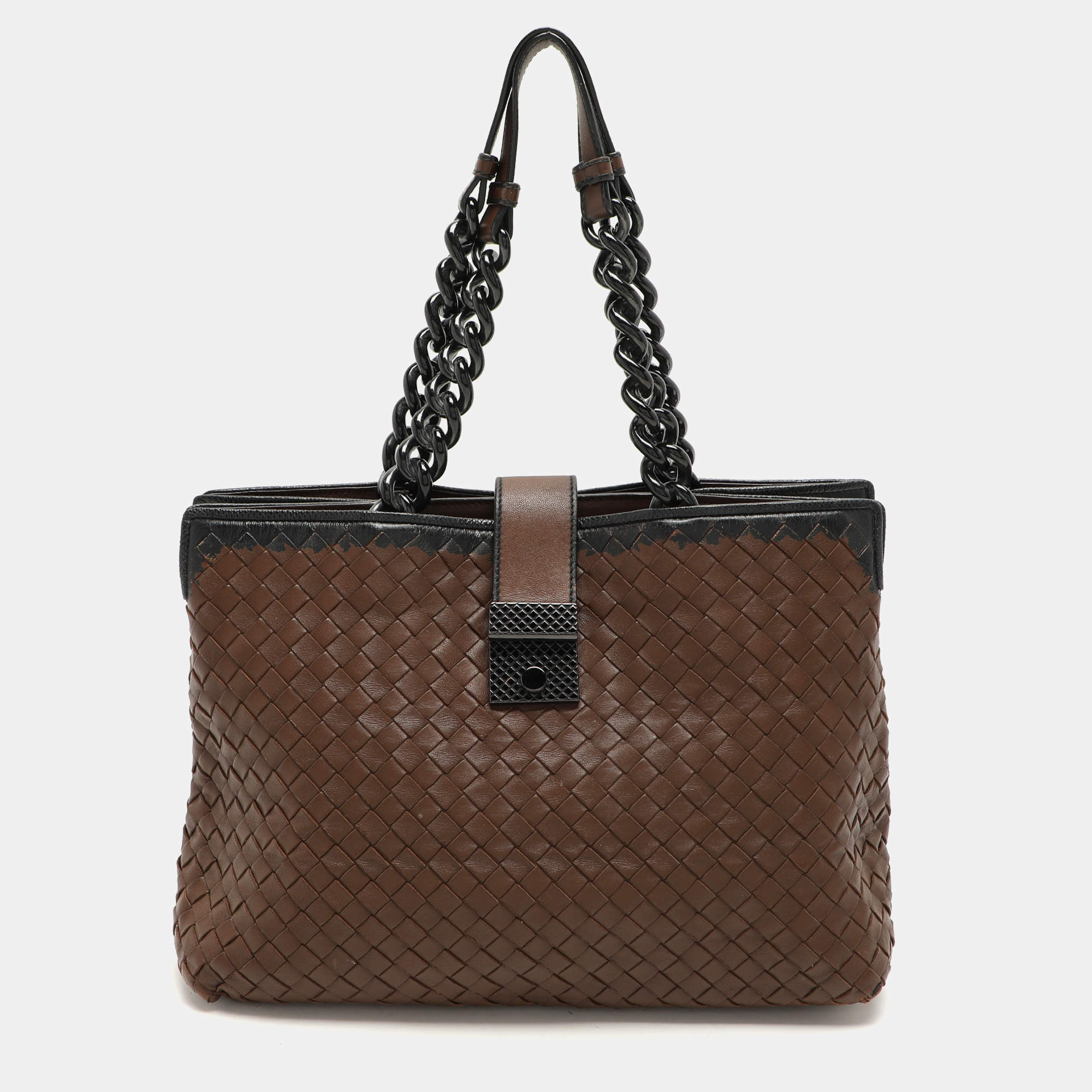 Bottega Veneta Brown/Black Intrecciato Leather and Karung Chain Tote