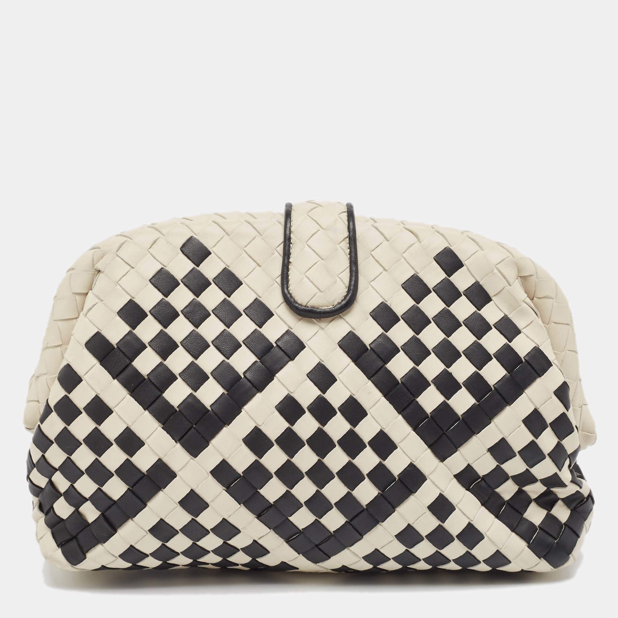 Bottega Veneta Off White/Black Intrecciato Leather Lauren 1980 Clutch