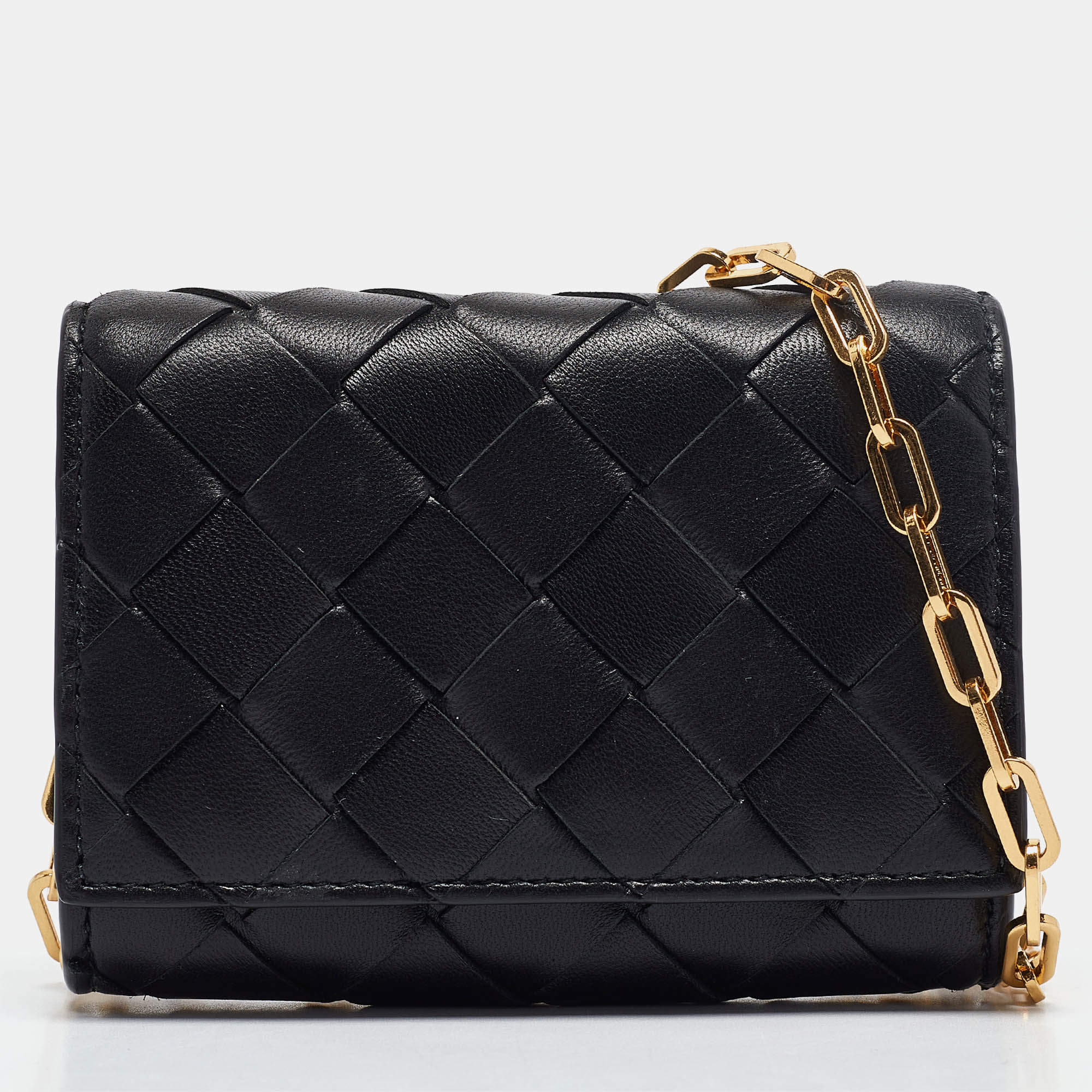 Pre Owned Bottega Veneta Black Intrecciato Leather Trio Card Case On Chain 