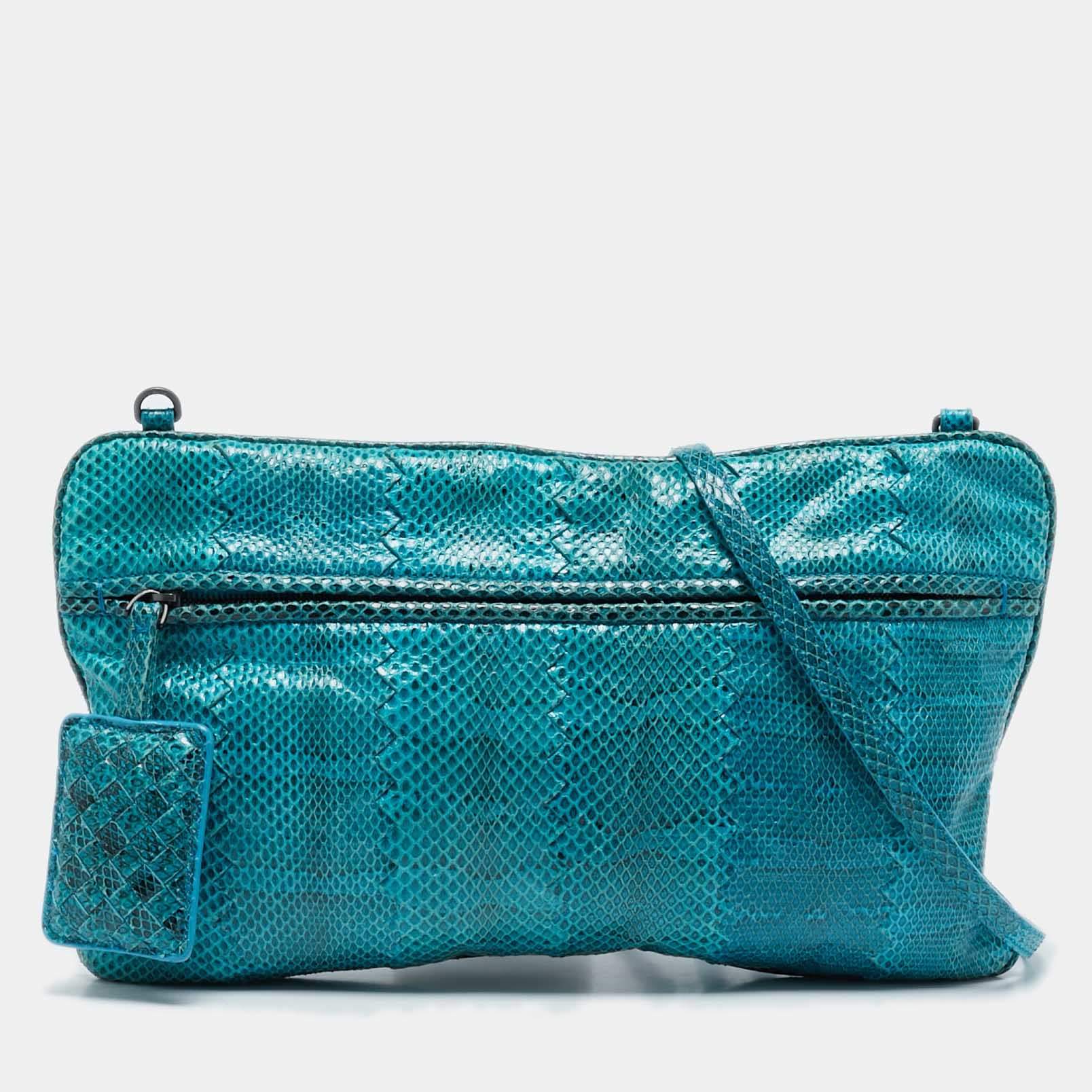 Bottega Veneta Blue/Black Snakeskin Leather Zip Crossbody