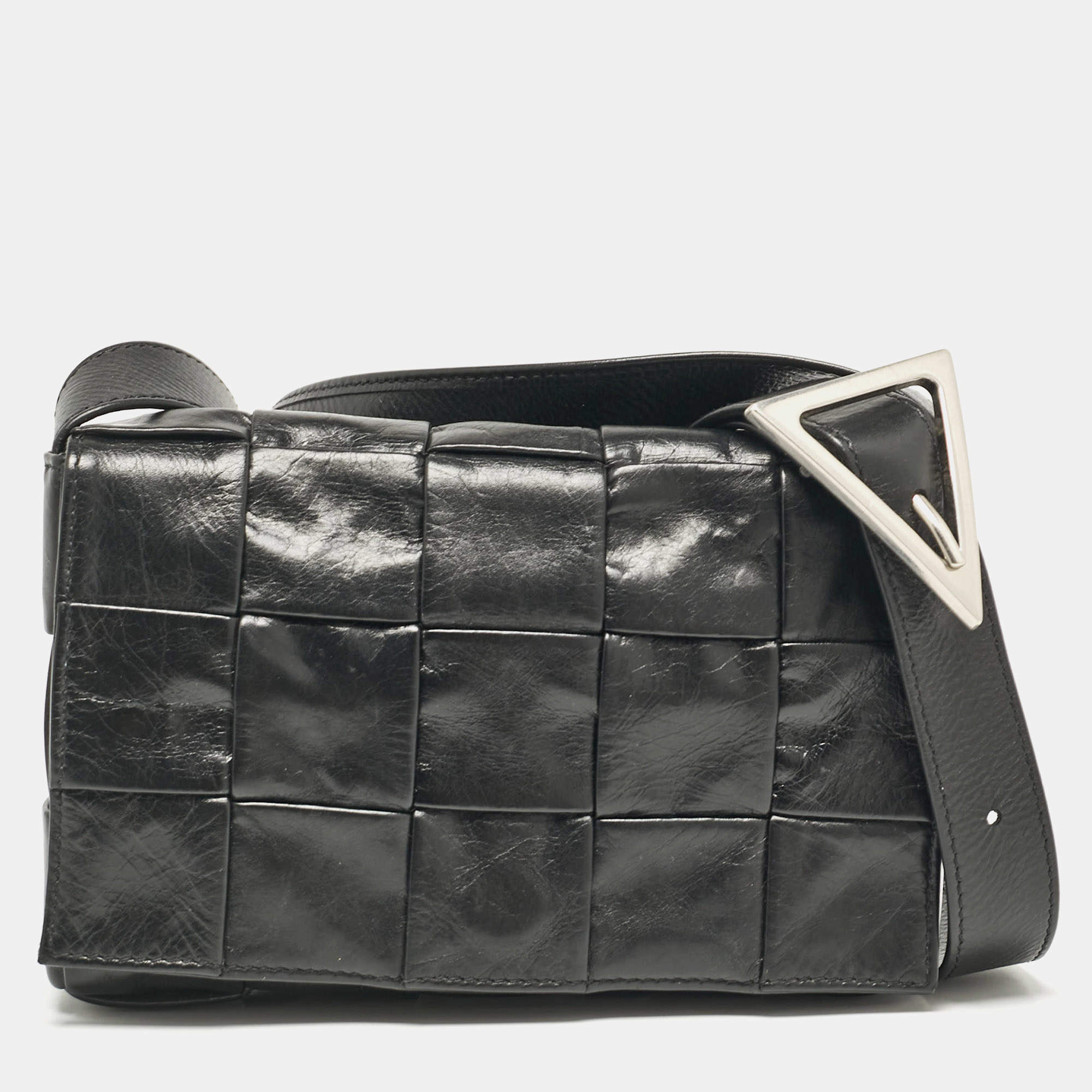 Bottega Veneta Black Intreccio Leather Cassette Crossbody Bag