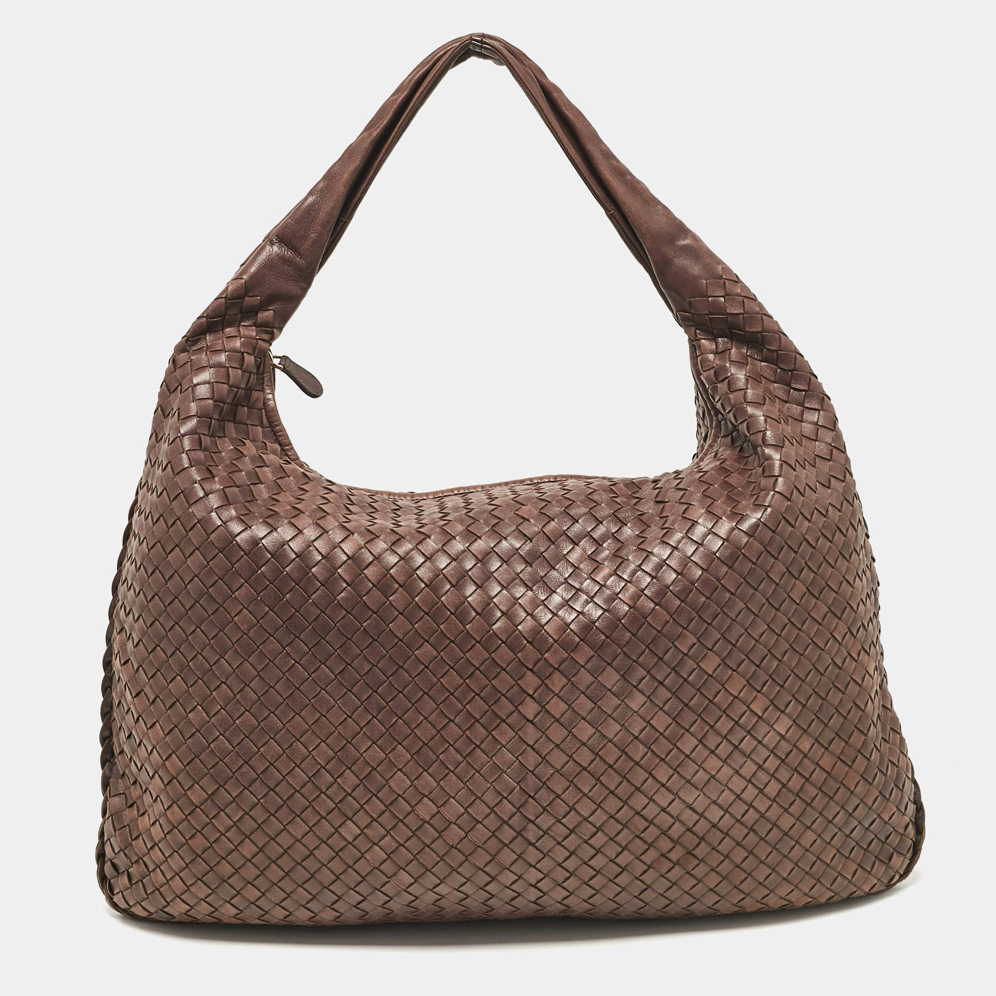 Pre Owned Bottega Veneta Dark Brown Intrecciato Leather Maxi Veneta Hobo