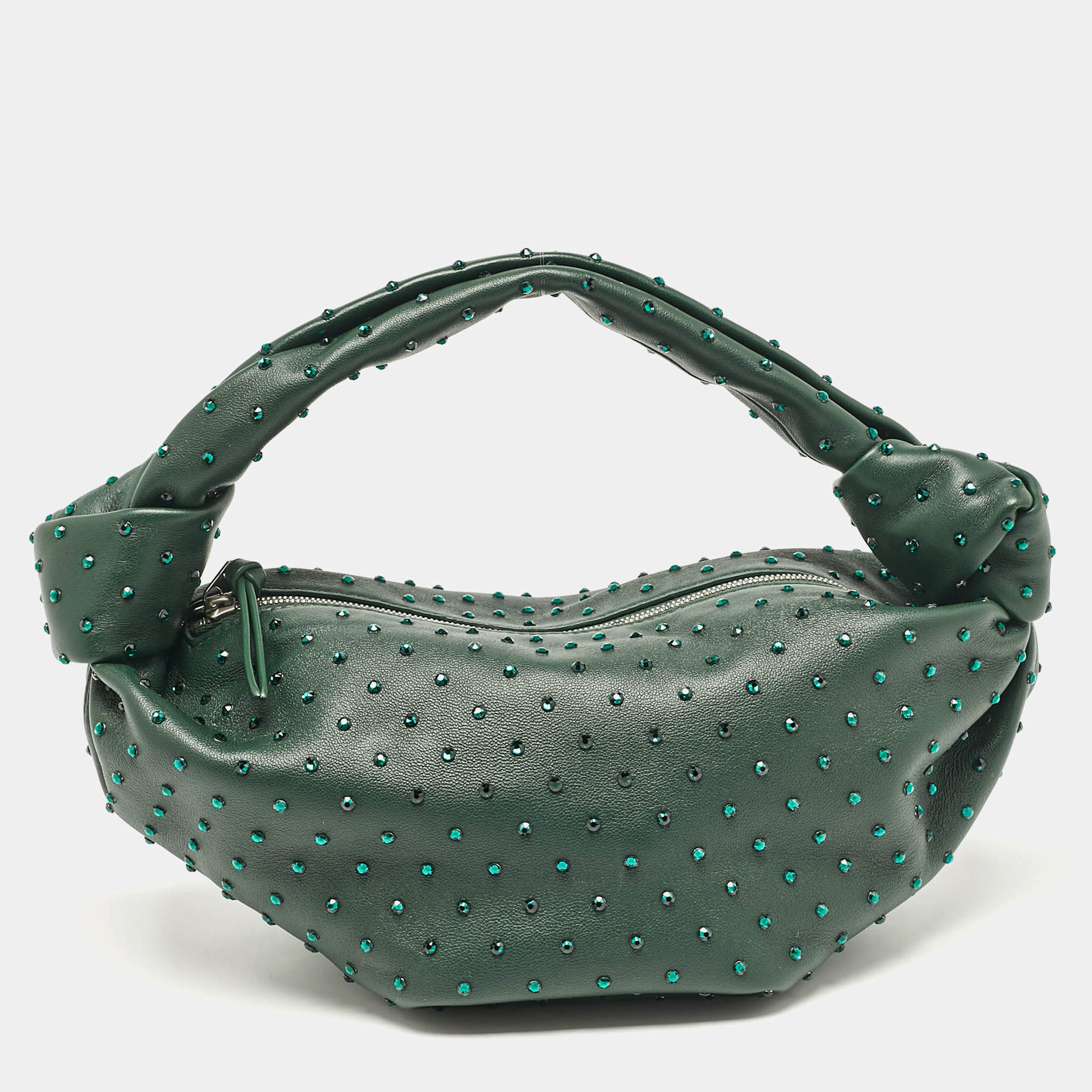 Pre Owned Bottega Veneta Dark Green Leather Crystals Embellished Double Knot Bag
