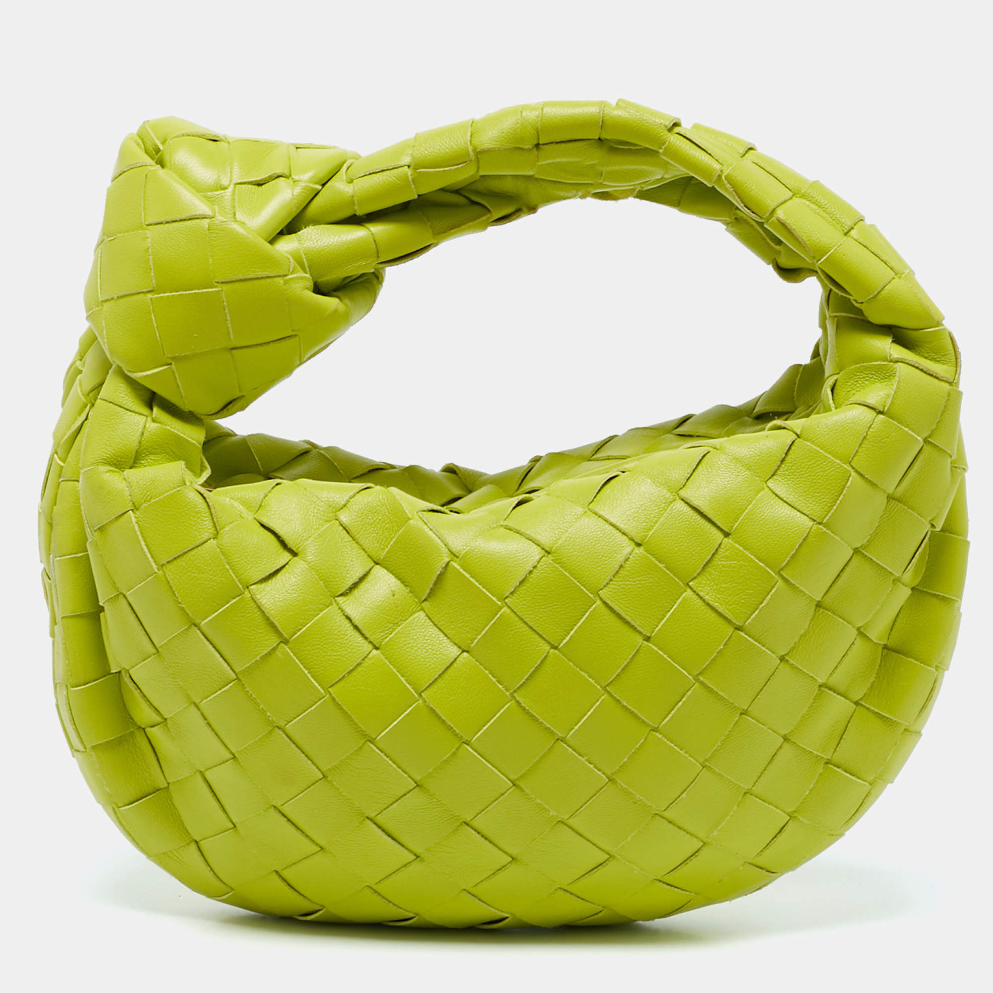 Pre Owned Bottega Veneta Lime Green Intrecciato Leather Mini Jodie Hobo