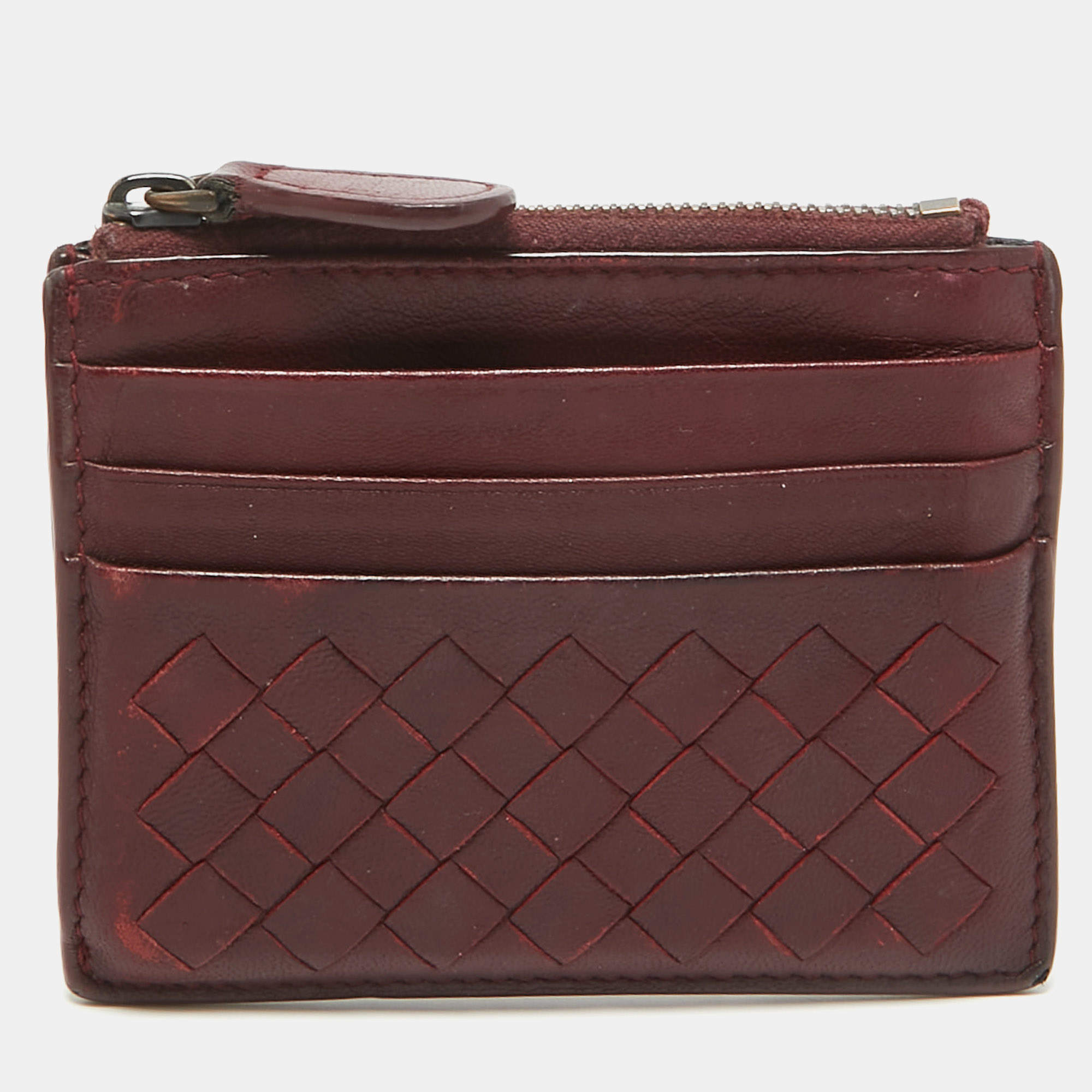 Bottega Veneta Burgundy Intrecciato Leather Zip Card Holder 