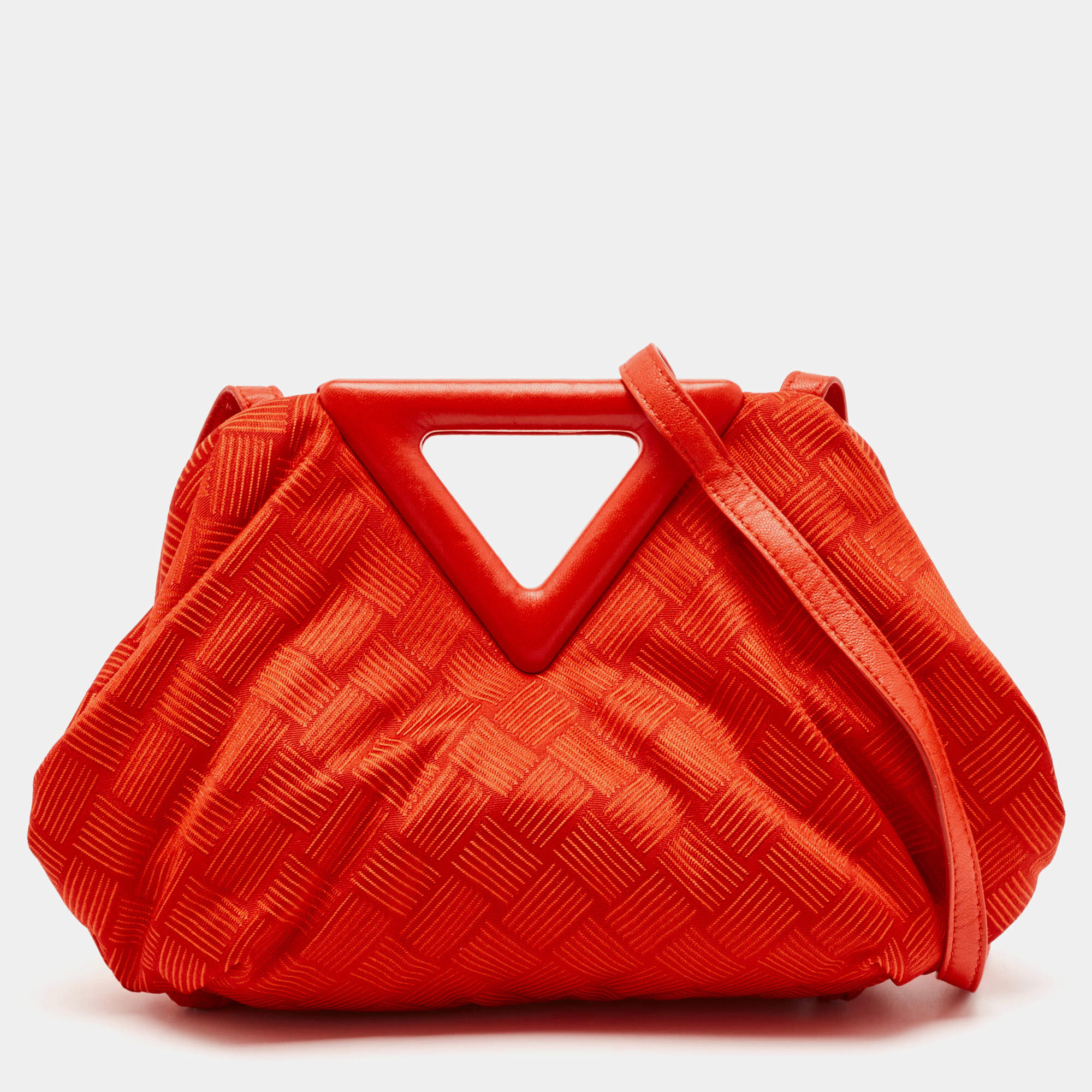Pre Owned Bottega Veneta Red Increcciato Fabric Small The Point Triangle Bag
