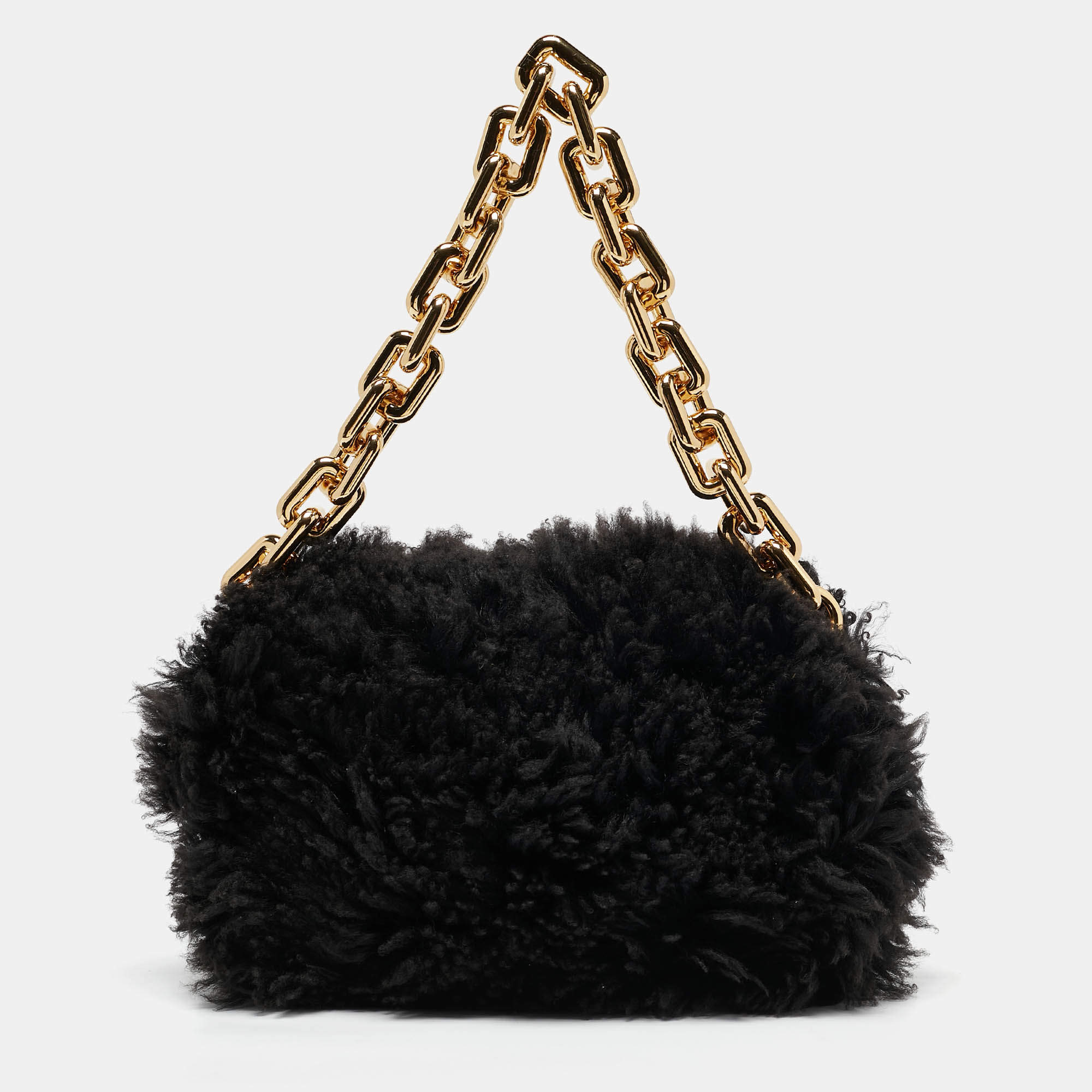 Bottega Veneta Black Shearling Fur Classic The Pouch Chain Clutch