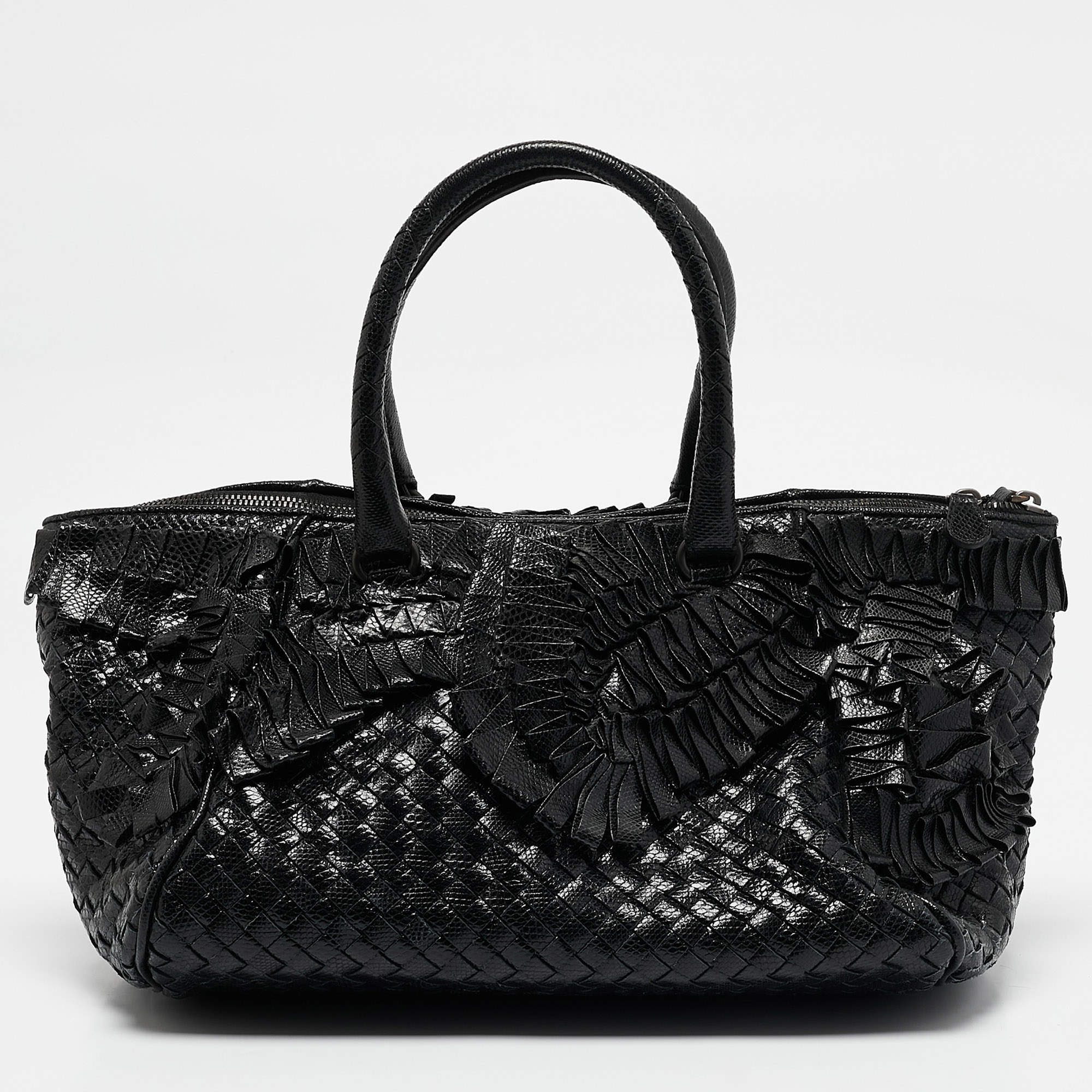 Pre Owned Bottega Veneta Black Intrecciato Lizard Ruffled Satchel