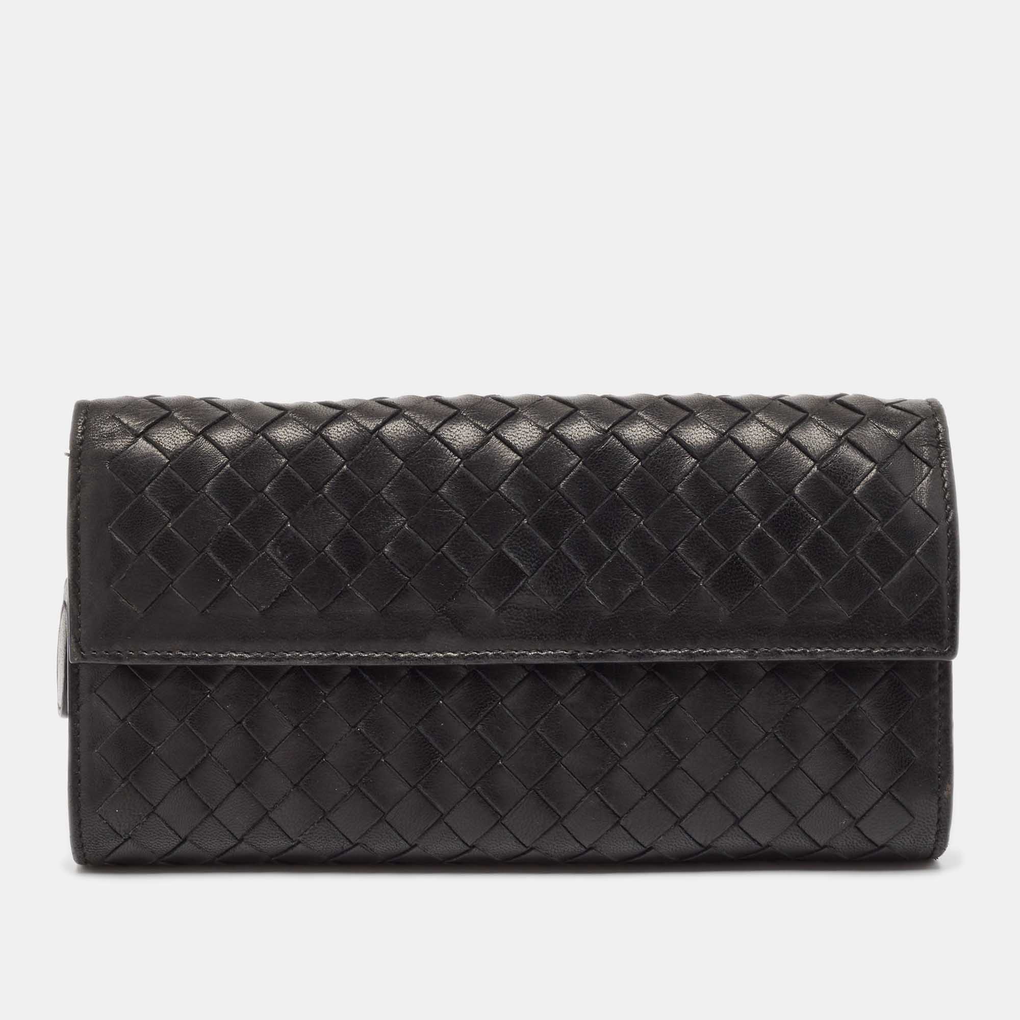 Pre Owned Bottega Veneta Black Intrecciato Leather Continental Flap Wallet