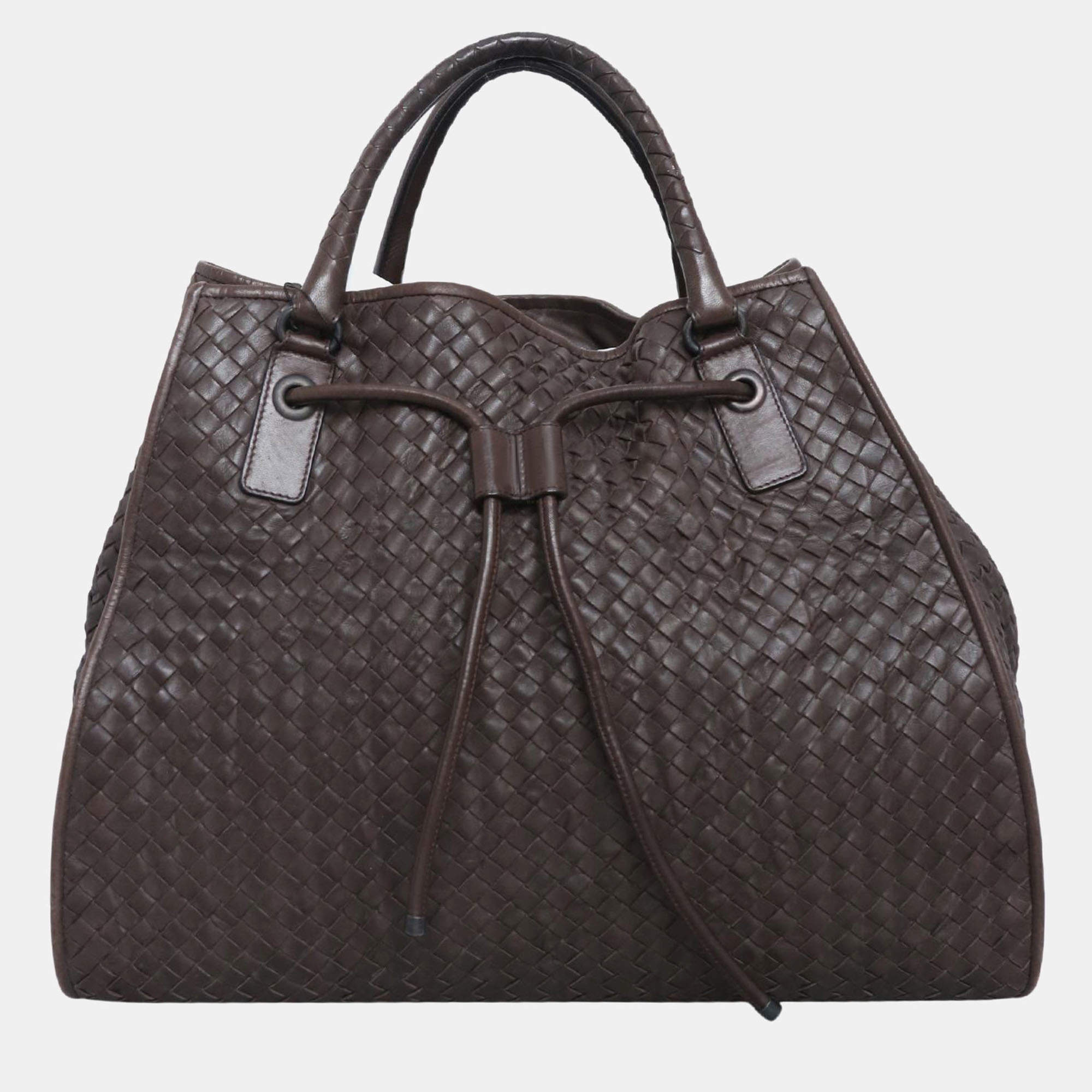 Pre Owned Bottega Veneta Dark Brown Intrecciato Drawstring Tote Bag