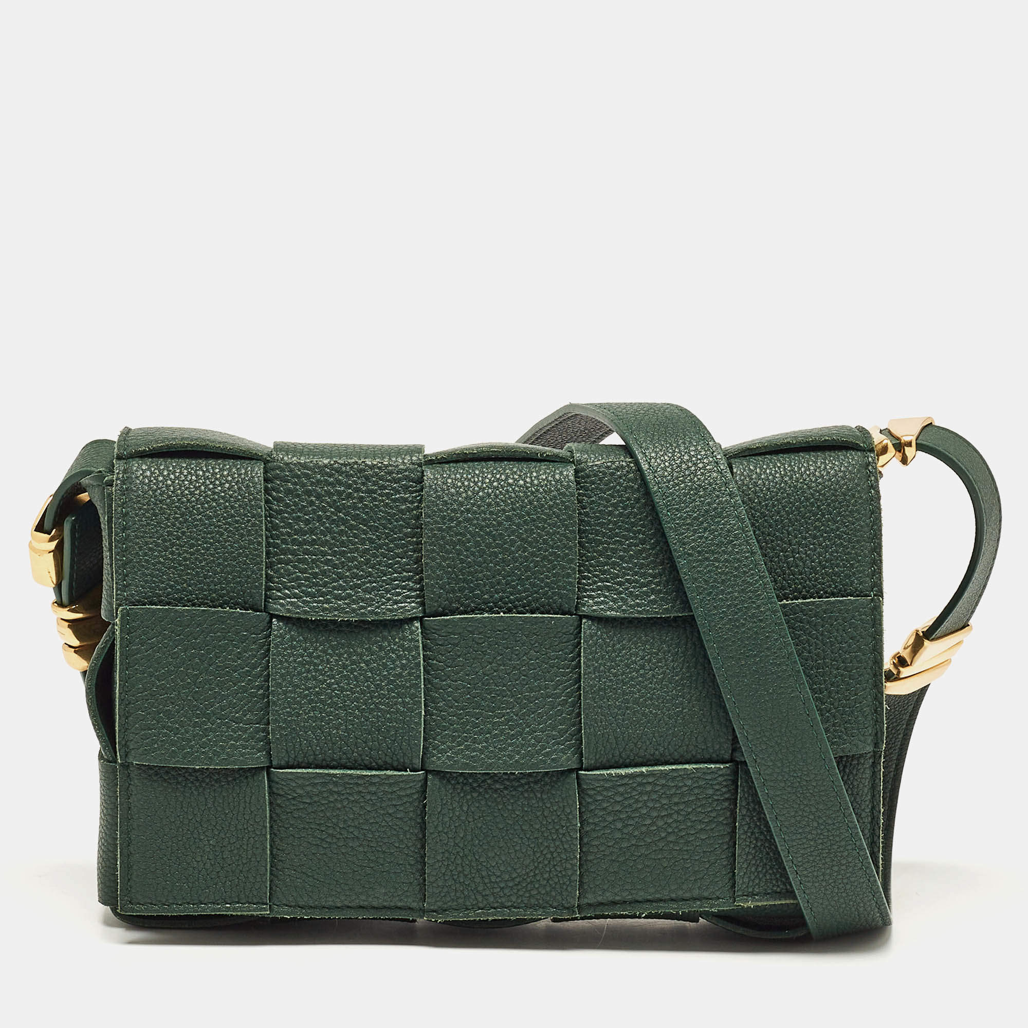 Pre Owned Bottega Veneta Dark Green Interccio Leather Cassette Shoulder Bag