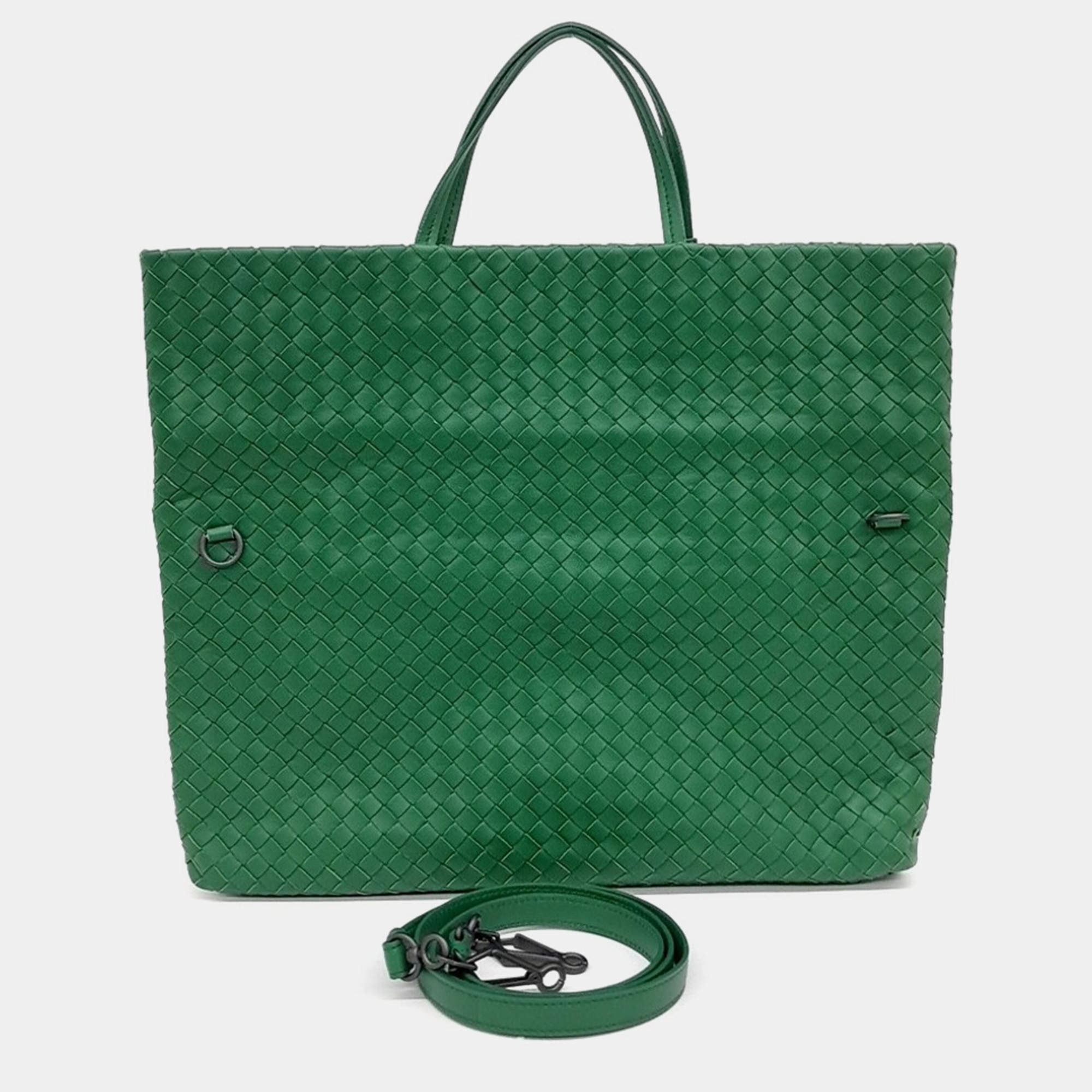 Pre Owned Bottega Veneta Green Leather Mesh Tote And Shoulder Bag
