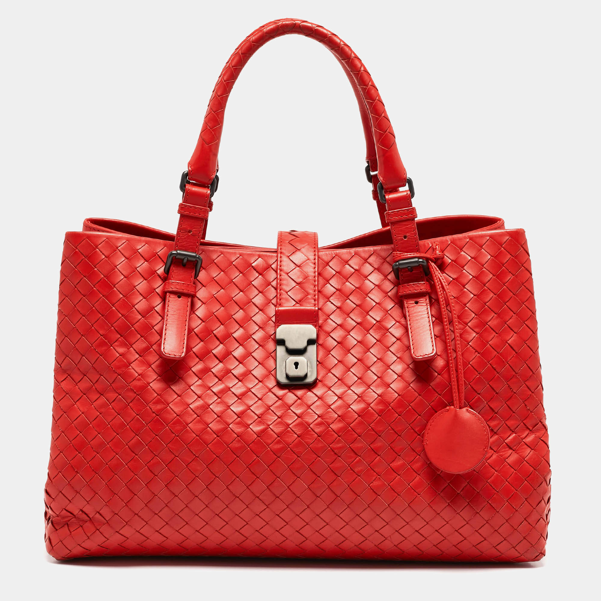 Pre Owned Bottega Veneta Red Intrecciato Leather Medium Roma Tote