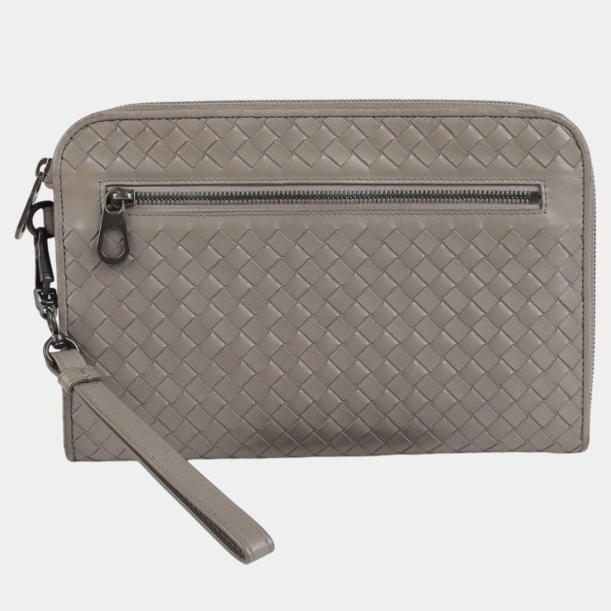 Bottega Veneta Grey Intrecciato Leather Document Case Clutch Bag