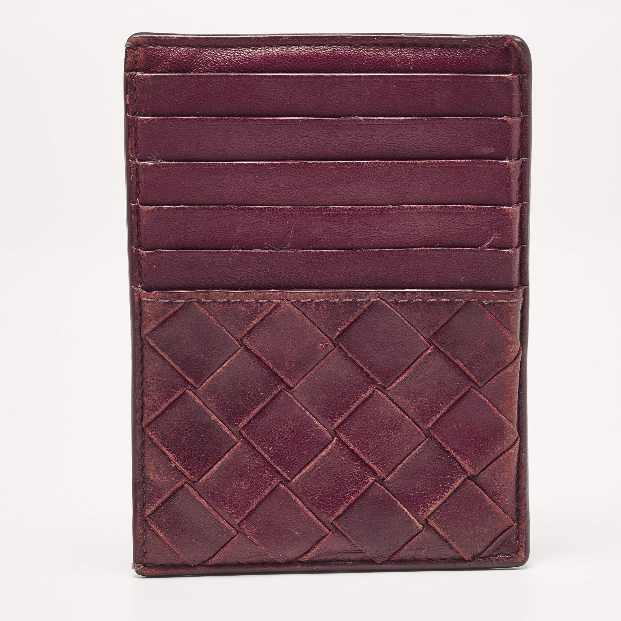 Pre Owned Bottega Veneta Burgundy Intrecciato Leather Zip Card Holder