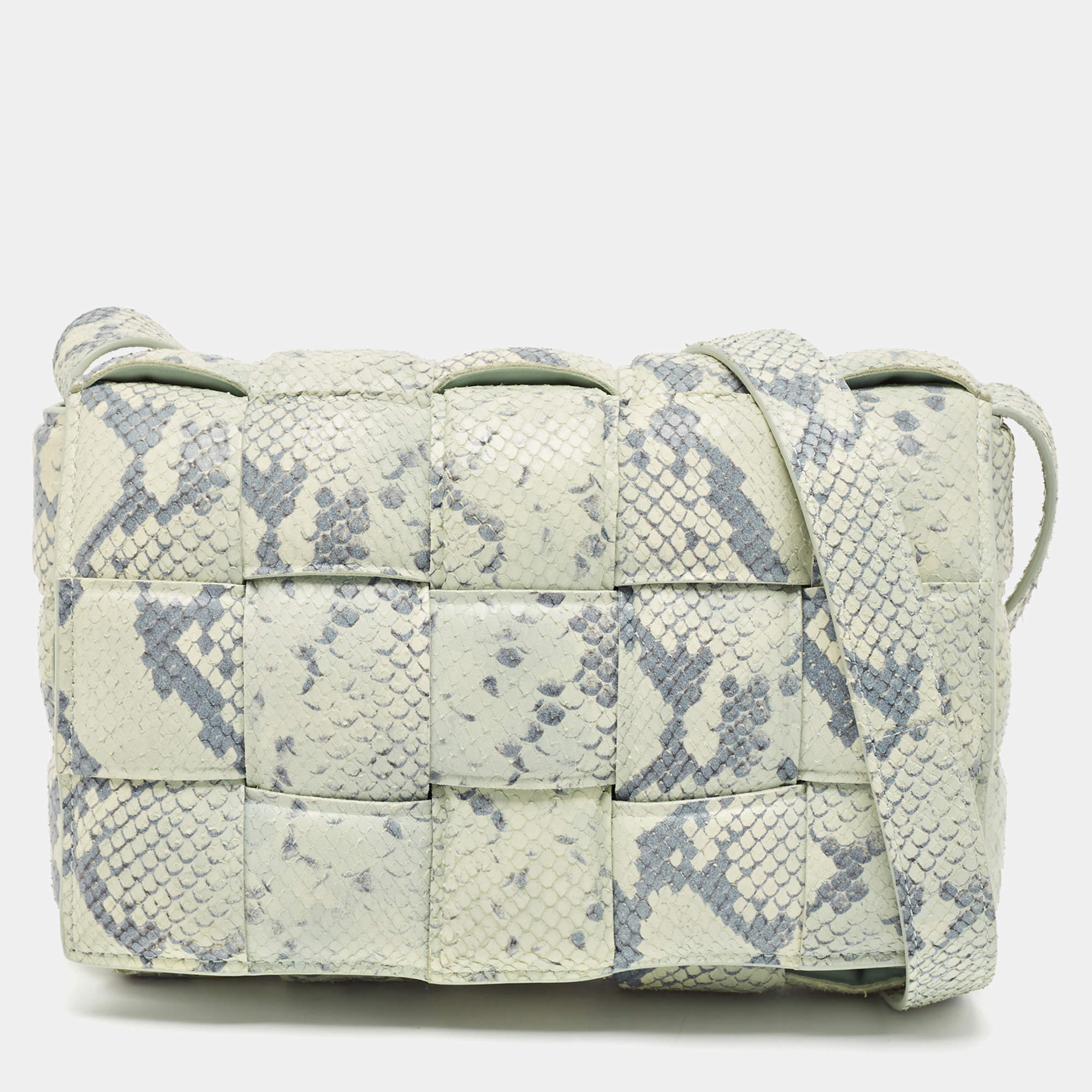 Pre Owned Bottega Veneta Light Turquoise/Blue Python Embossed Leather Padded Cassette Shoulder Bag