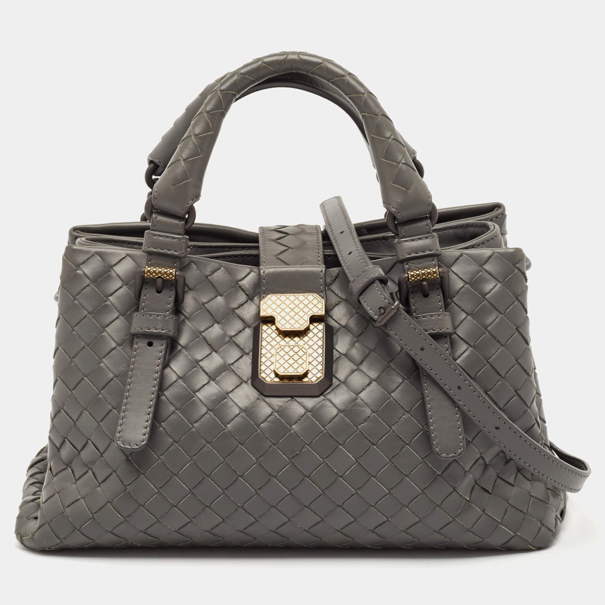 Pre Owned Bottega Veneta Grey Intrecciato Leather Mini Roma Tote