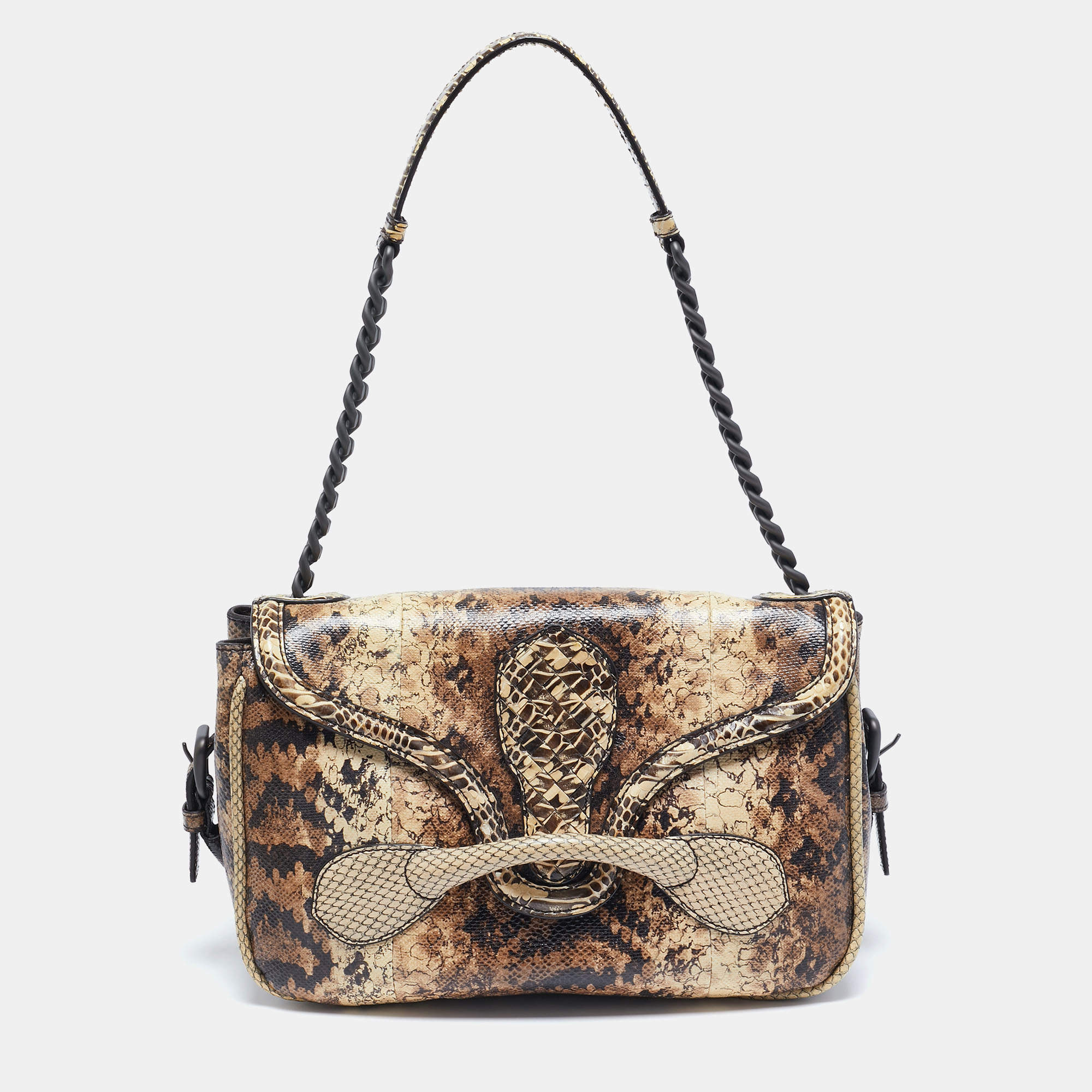 Bottega Veneta Cream/Brown Python Rialto Shoulder Bag