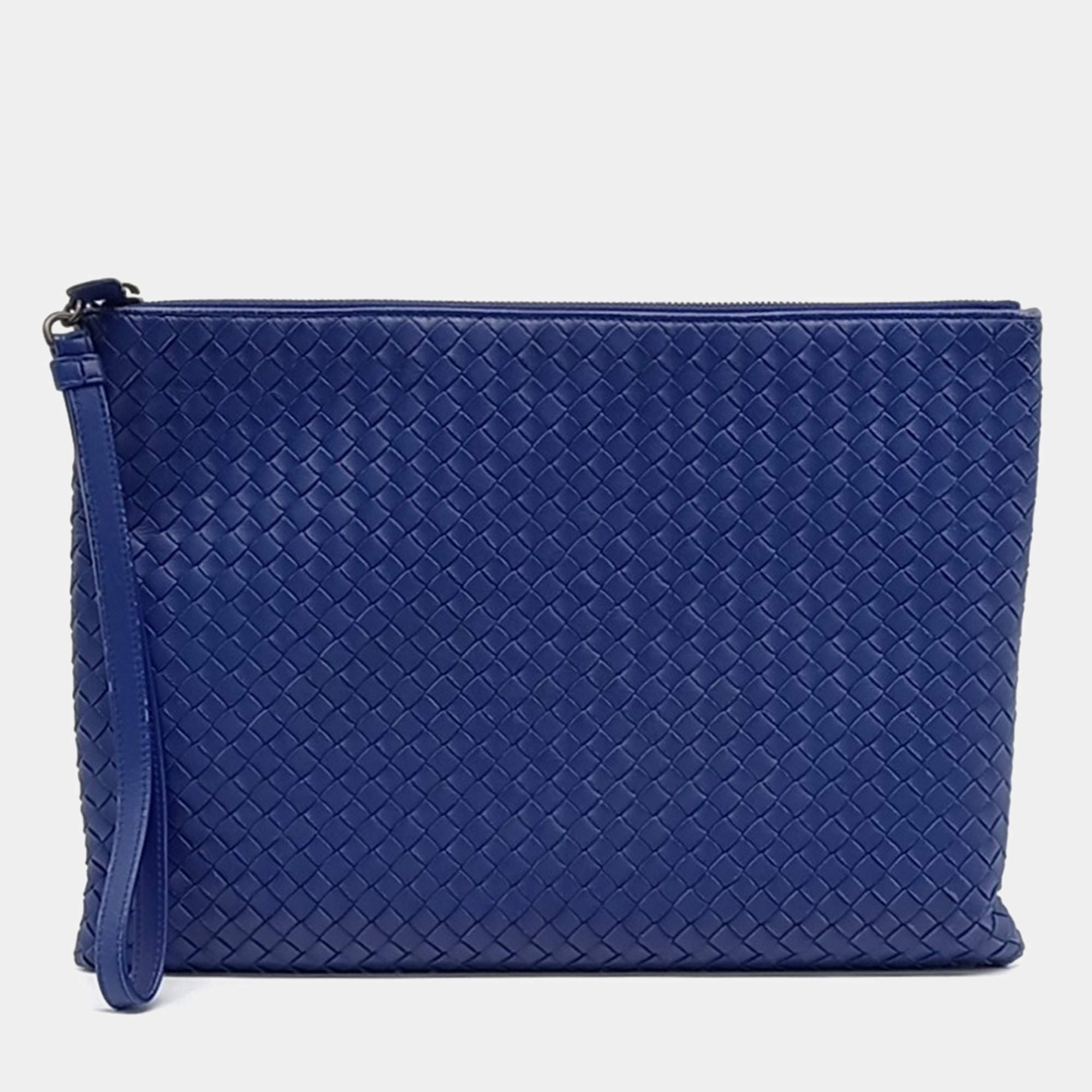Bottega Veneta Blue Leather Intrecciato Pouch Bag