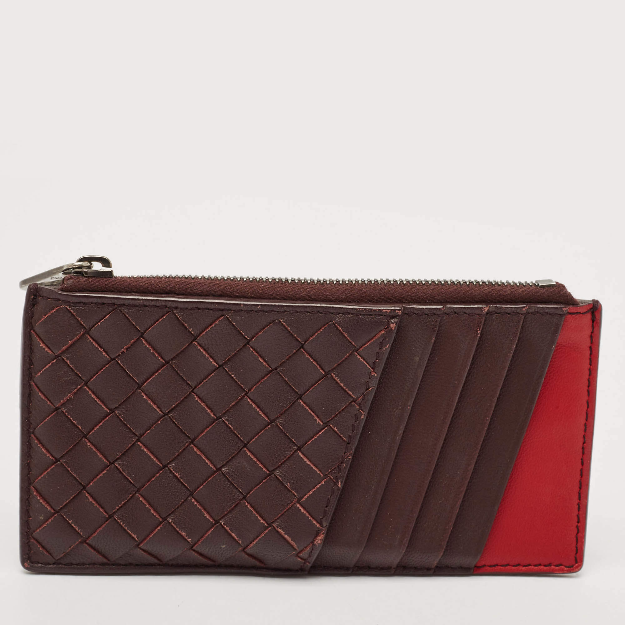 مملوكة مسبقًا Bottega Veneta Dark Brown/Red Intrecciato Leather Zip Card Case
