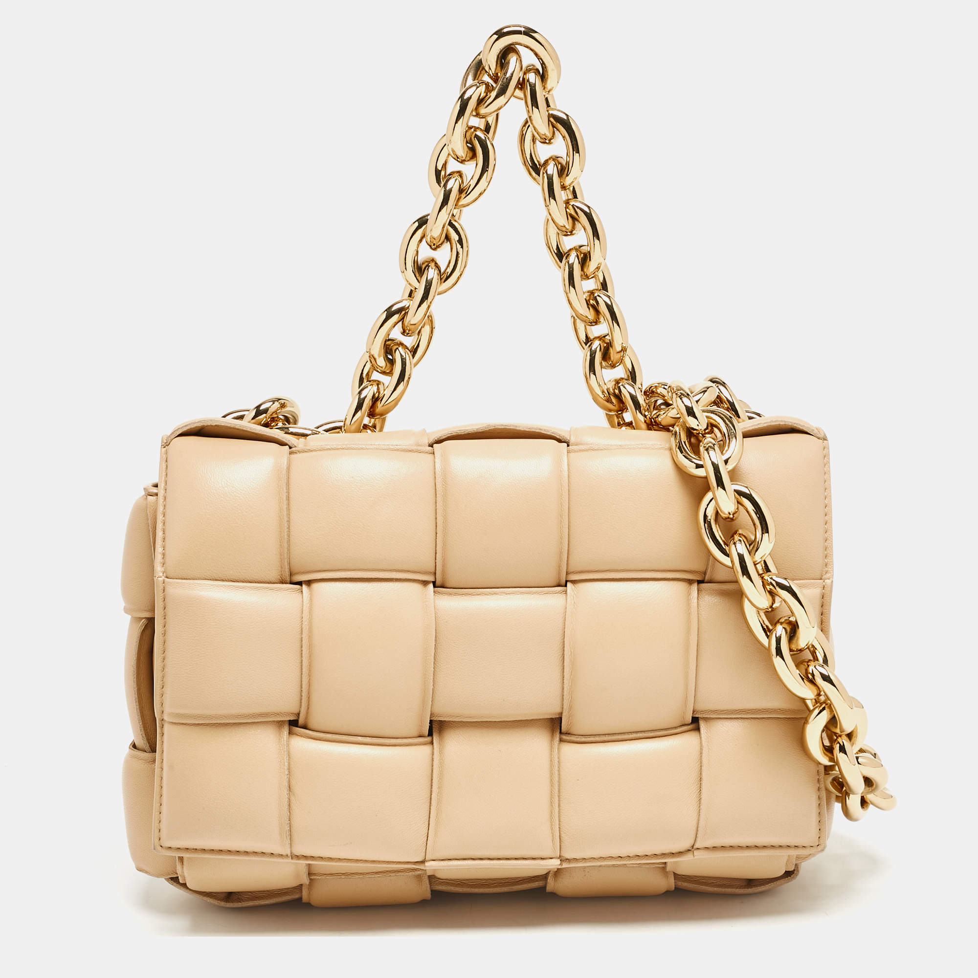 Bottega Veneta Beige Padded Leather Chain Cassette Shoulder Bag