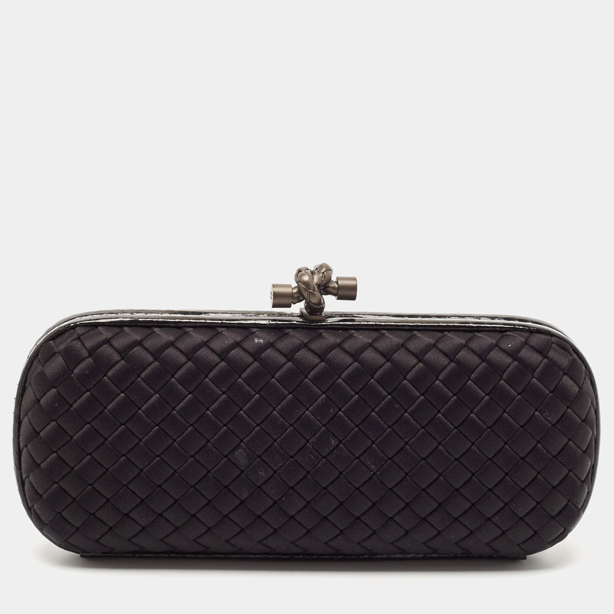Pre Owned Bottega Veneta Black Intrecciato Satin and Ayers Stretch Knot Clutch