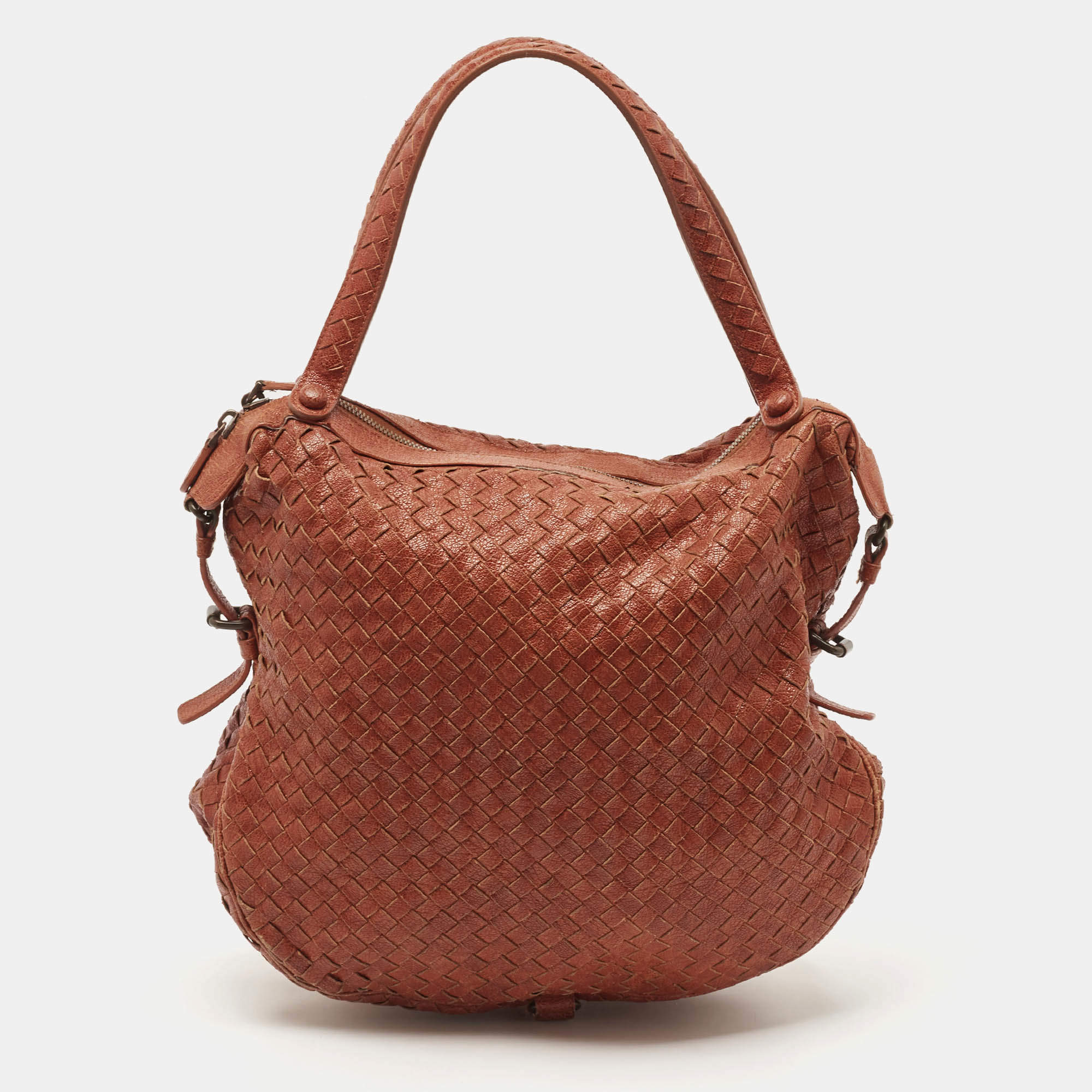 Pre Owned Bottega Veneta Rust Brown Intrecciato Leather Belly 76 Hobo
