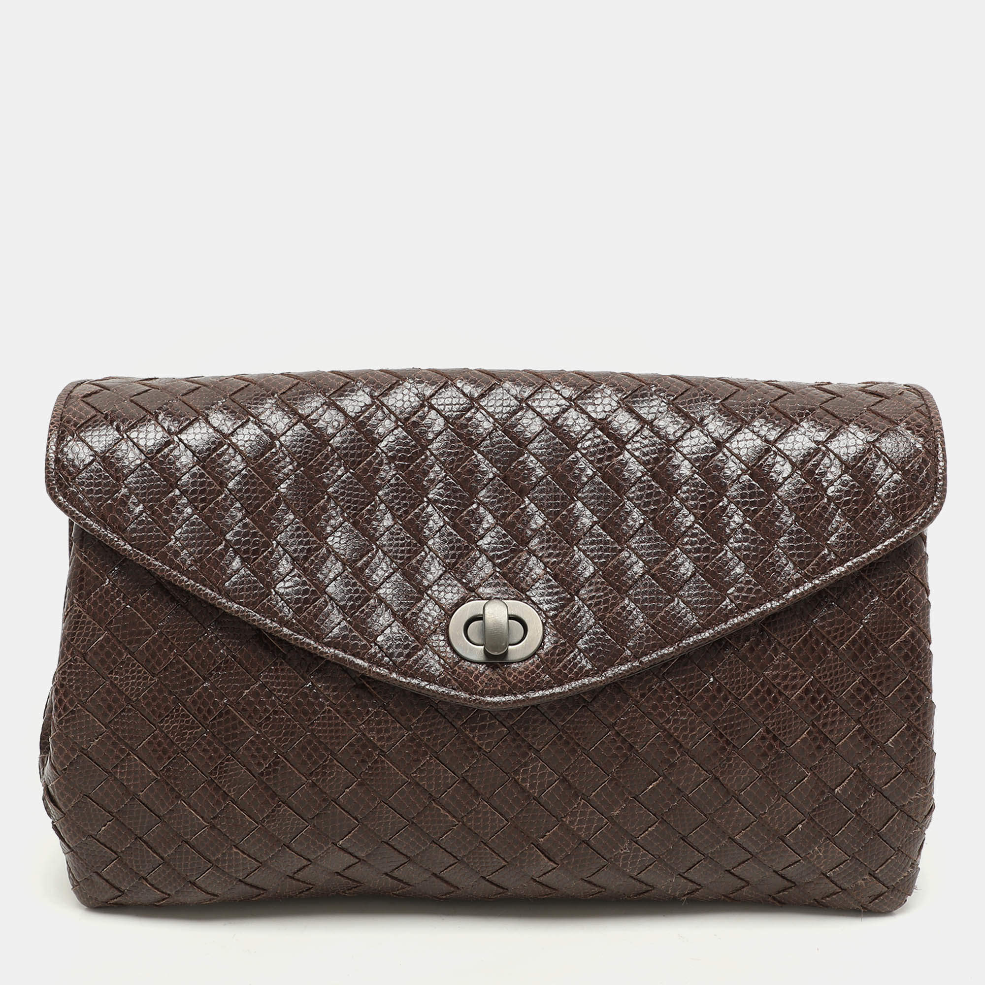 Bottega Veneta Brown Intrecciato Karung Leather Clutch