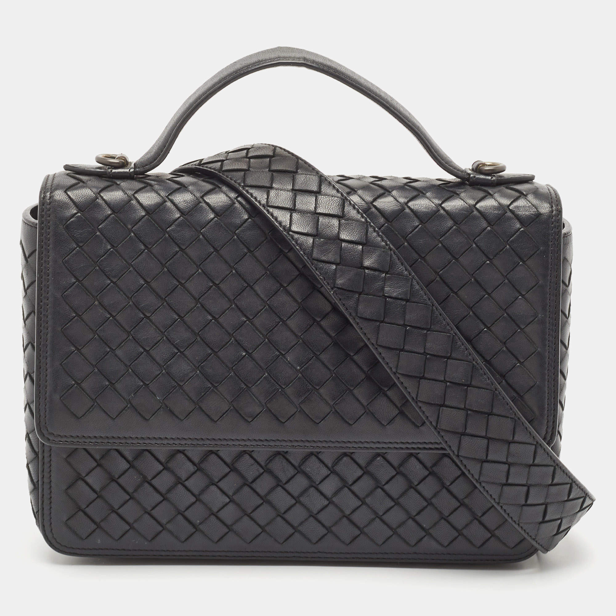 Pre Owned Bottega Veneta Black Intrecciato Leather Alumna Top Handle Bag