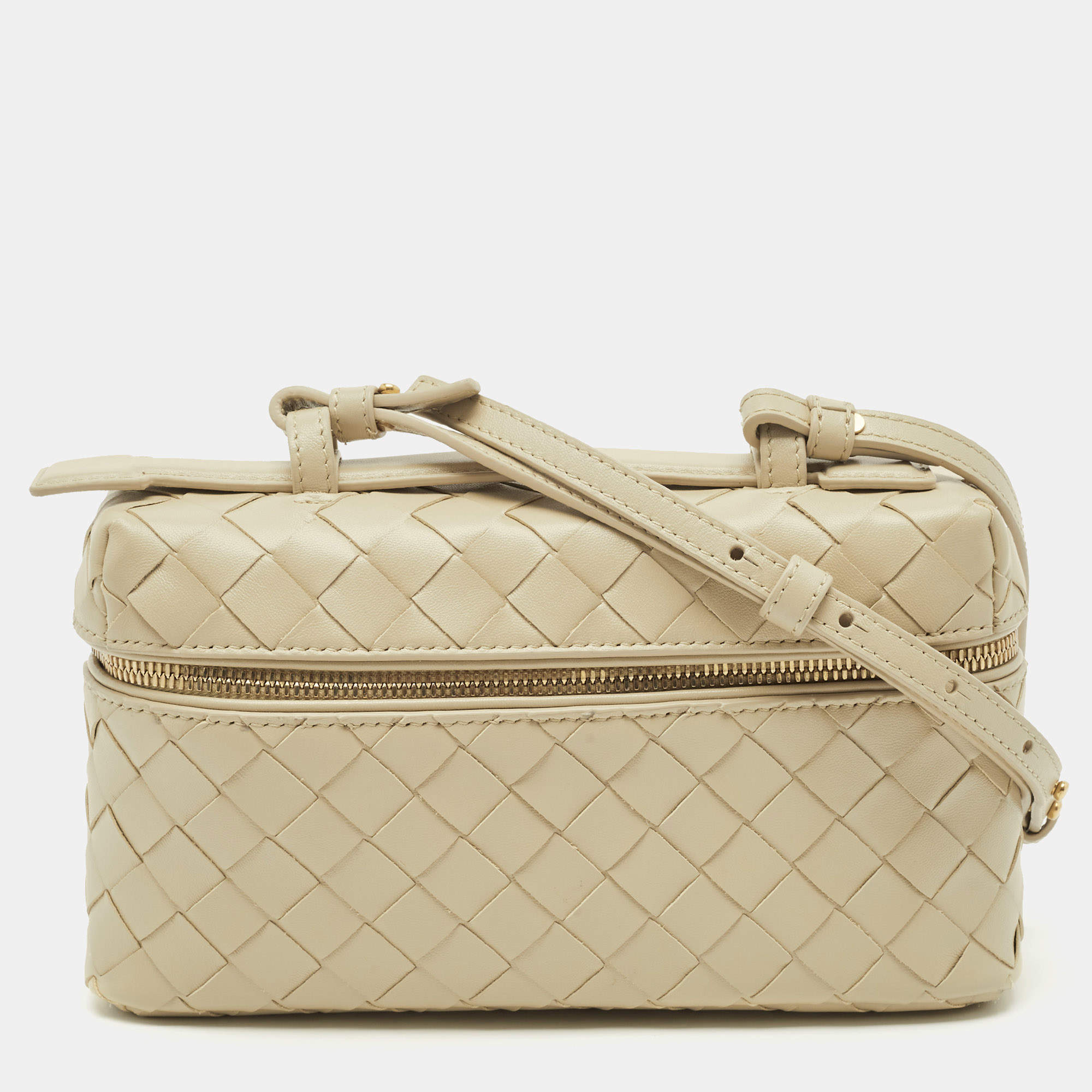 Pre Owned Bottega Veneta Sea Salt Intrecciato Leather Bang Bang Vanity Case Bag