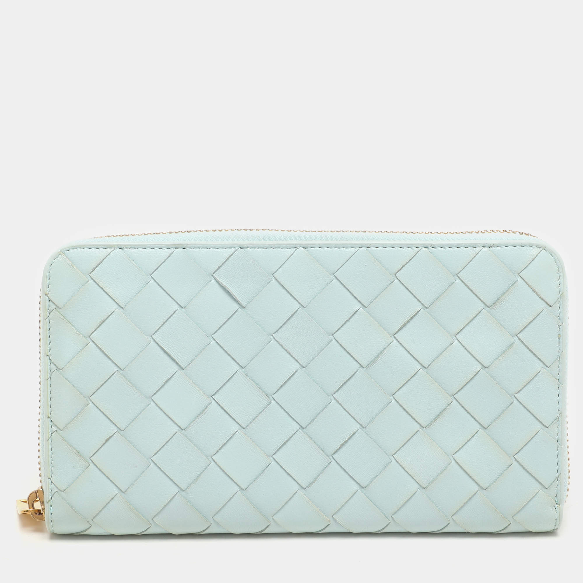 Pre Owned Bottega Veneta Blue Intrecciato Leather Zip Around Wallet