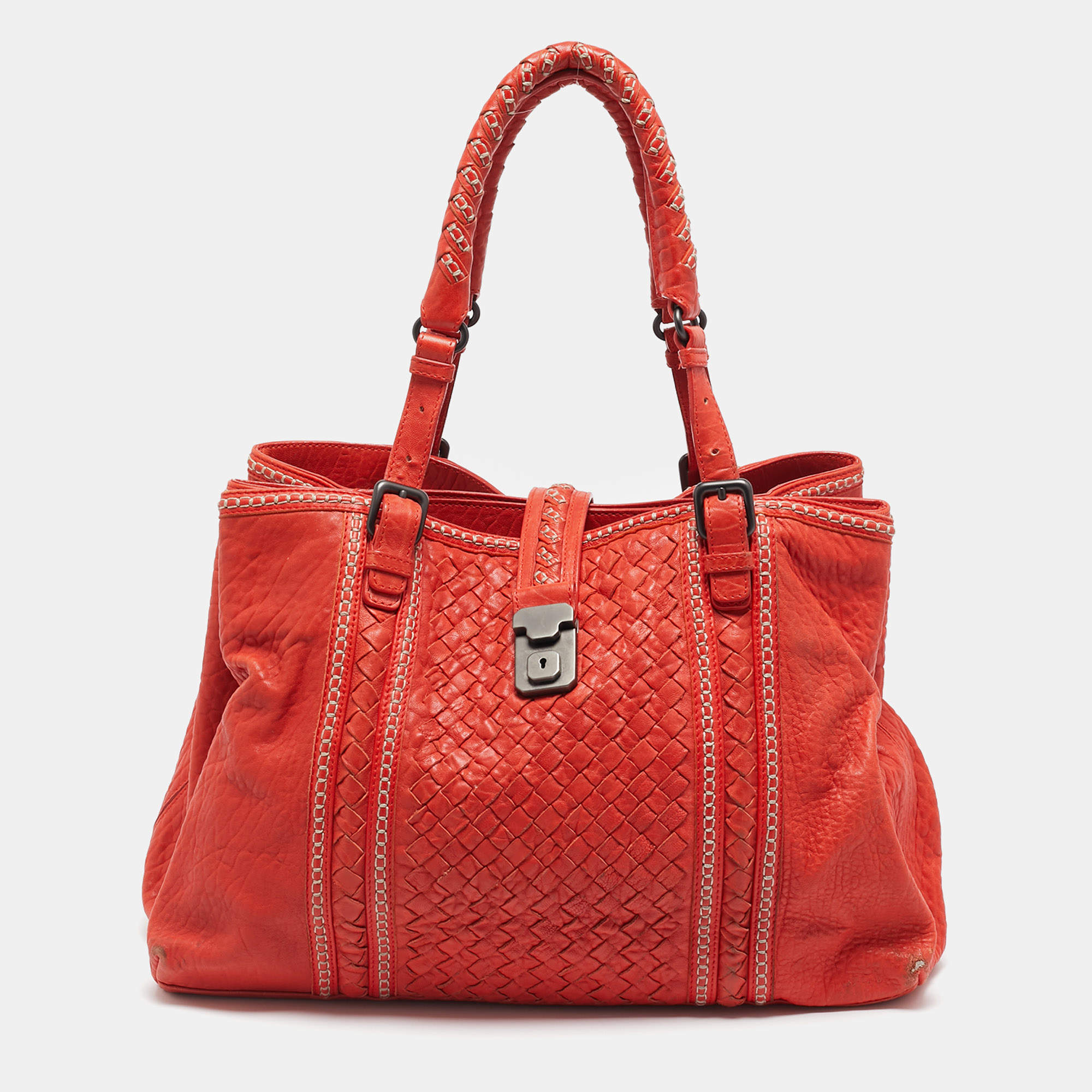 Bottega Veneta Red Intrecciato Pebbled Leather Medium Roma Tote