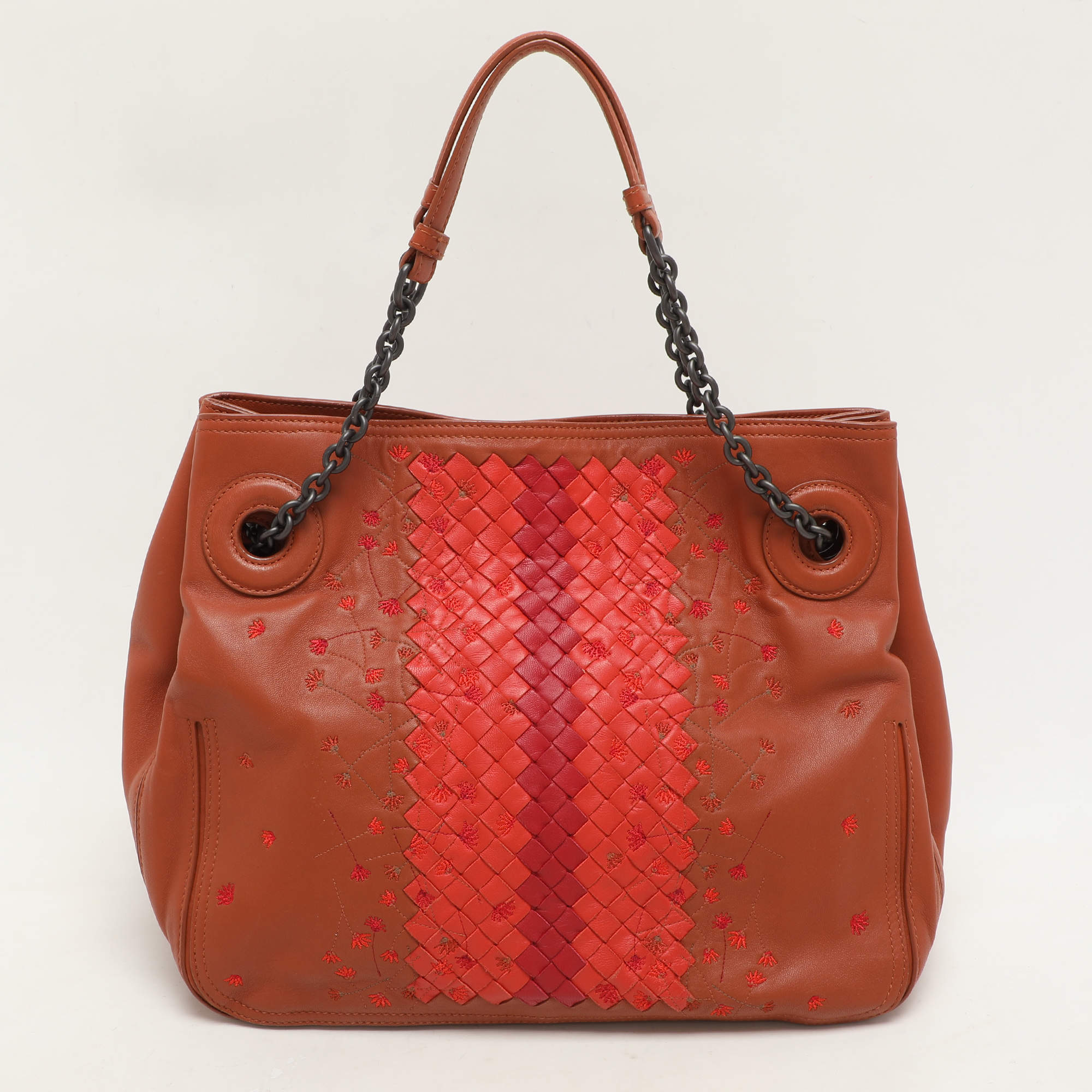 Pre Owned Bottega Veneta Multicolor Intrecciato Leather Floral Embroidered Shoulder Bag