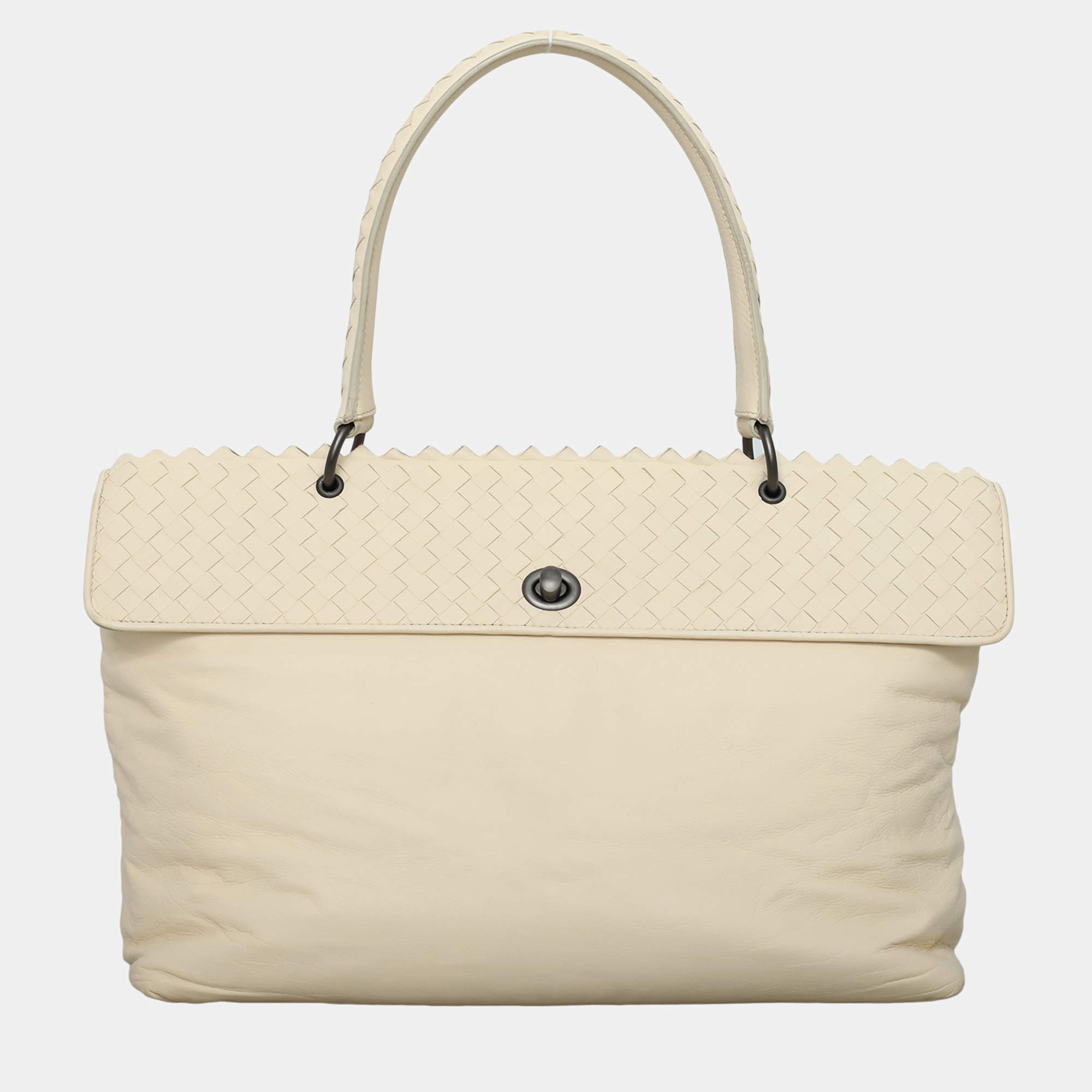 Pre Owned Bottega Veneta Off-White Leather Intrecciato-Trim Top Handle Bag