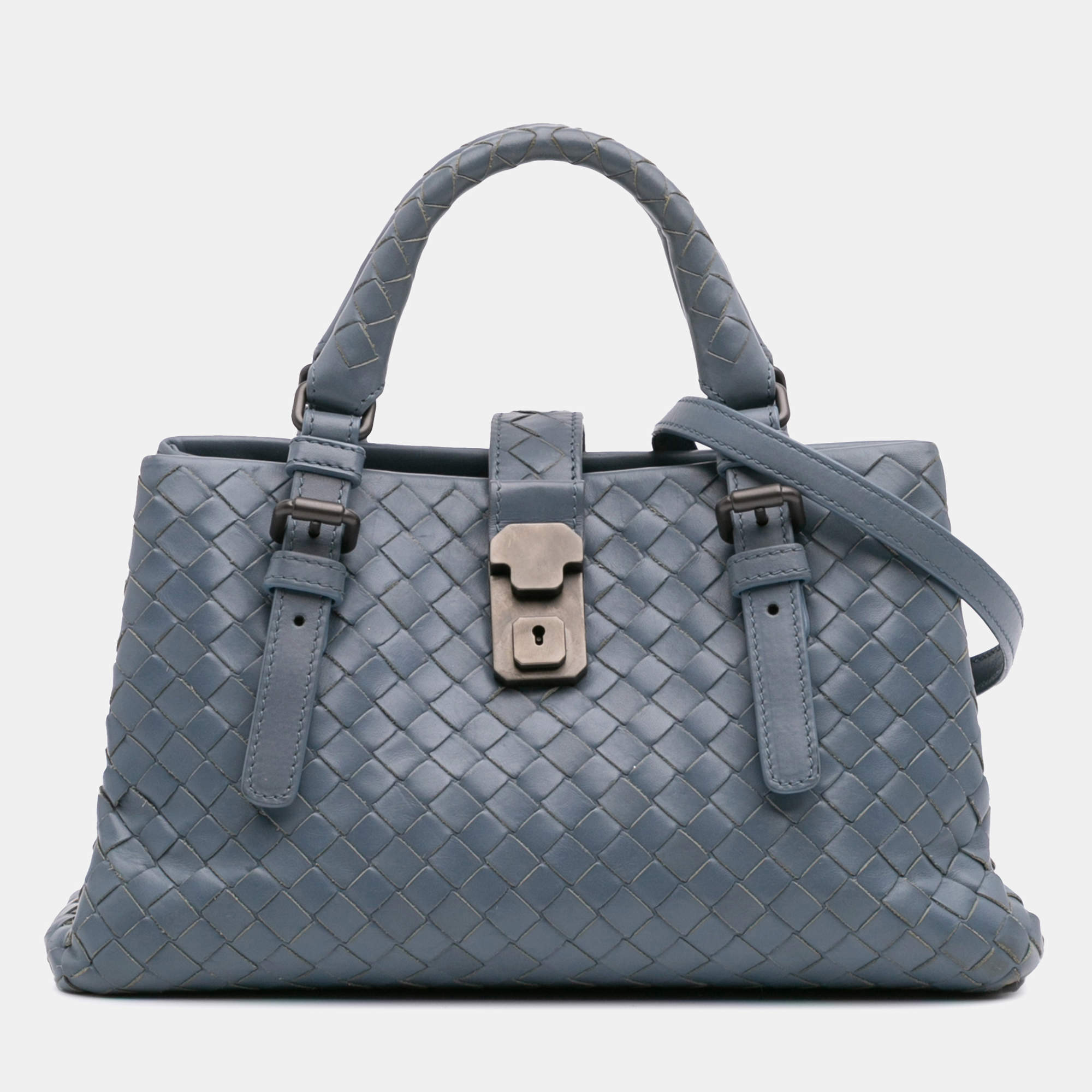 Bottega Veneta Blue Mini Nappa Intrecciato Roma Satchel