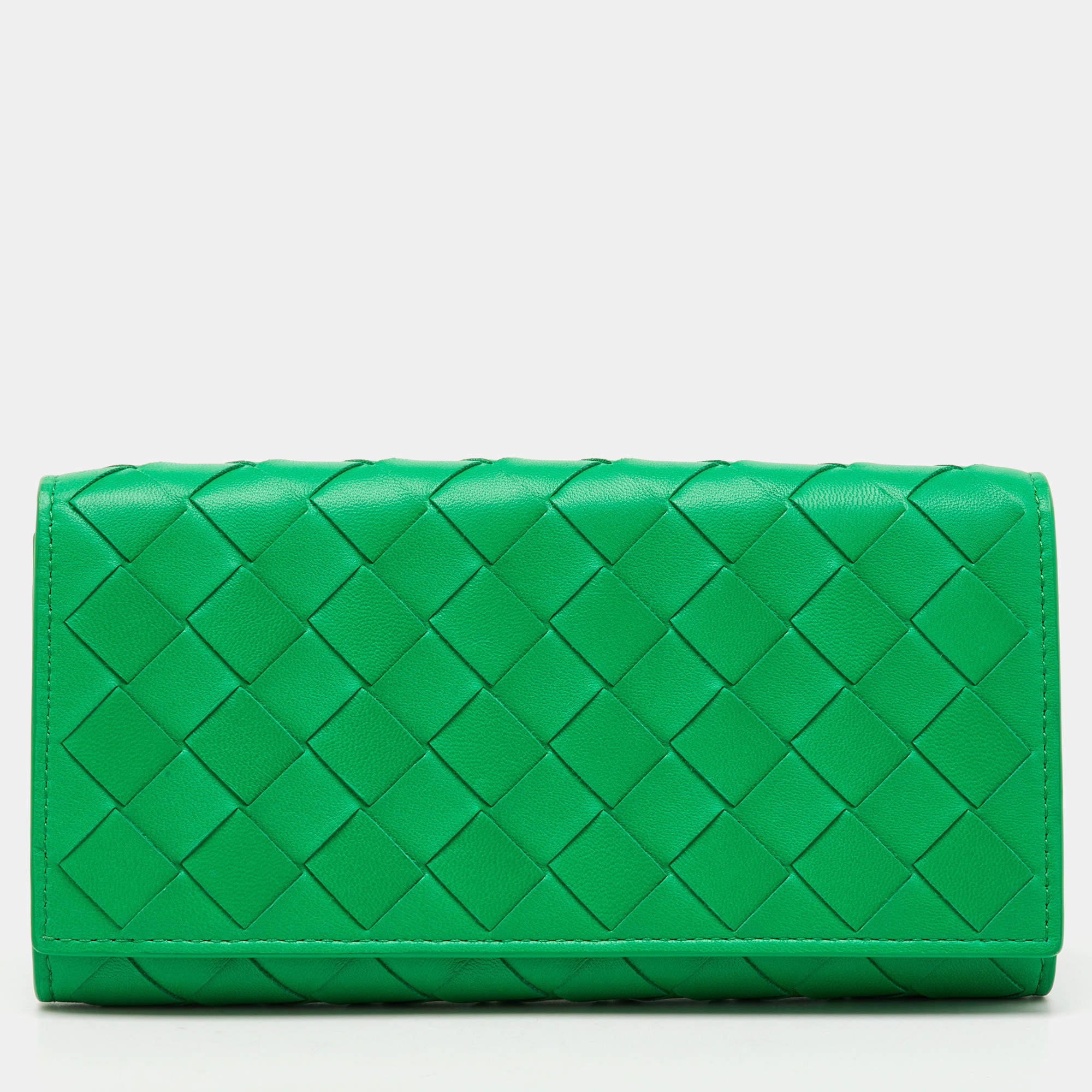 Bottega Veneta Green Intrecciato Leather Flap Continental Wallet