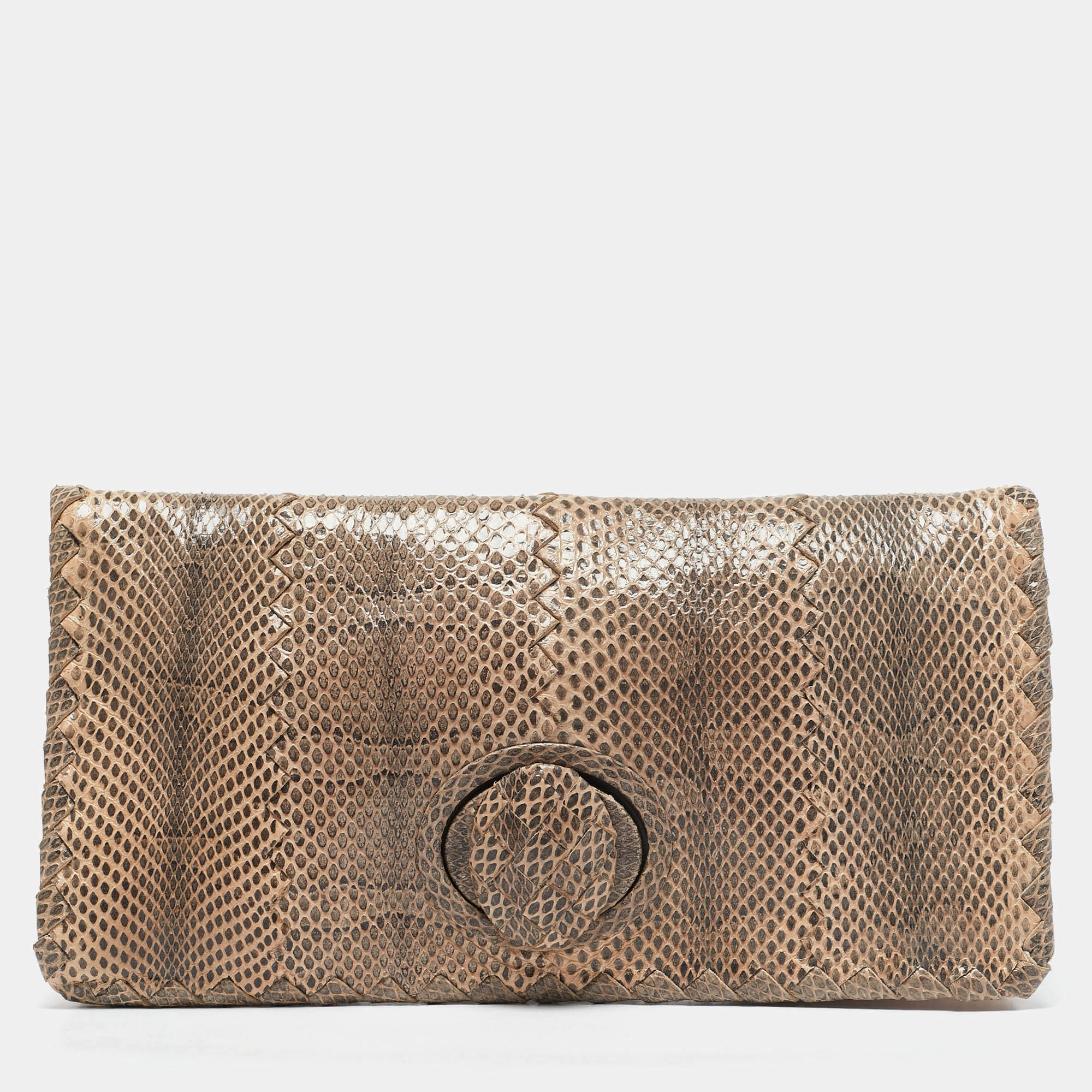 Bottega Veneta Beige/Black Watersnake Turnlock Flap Clutch