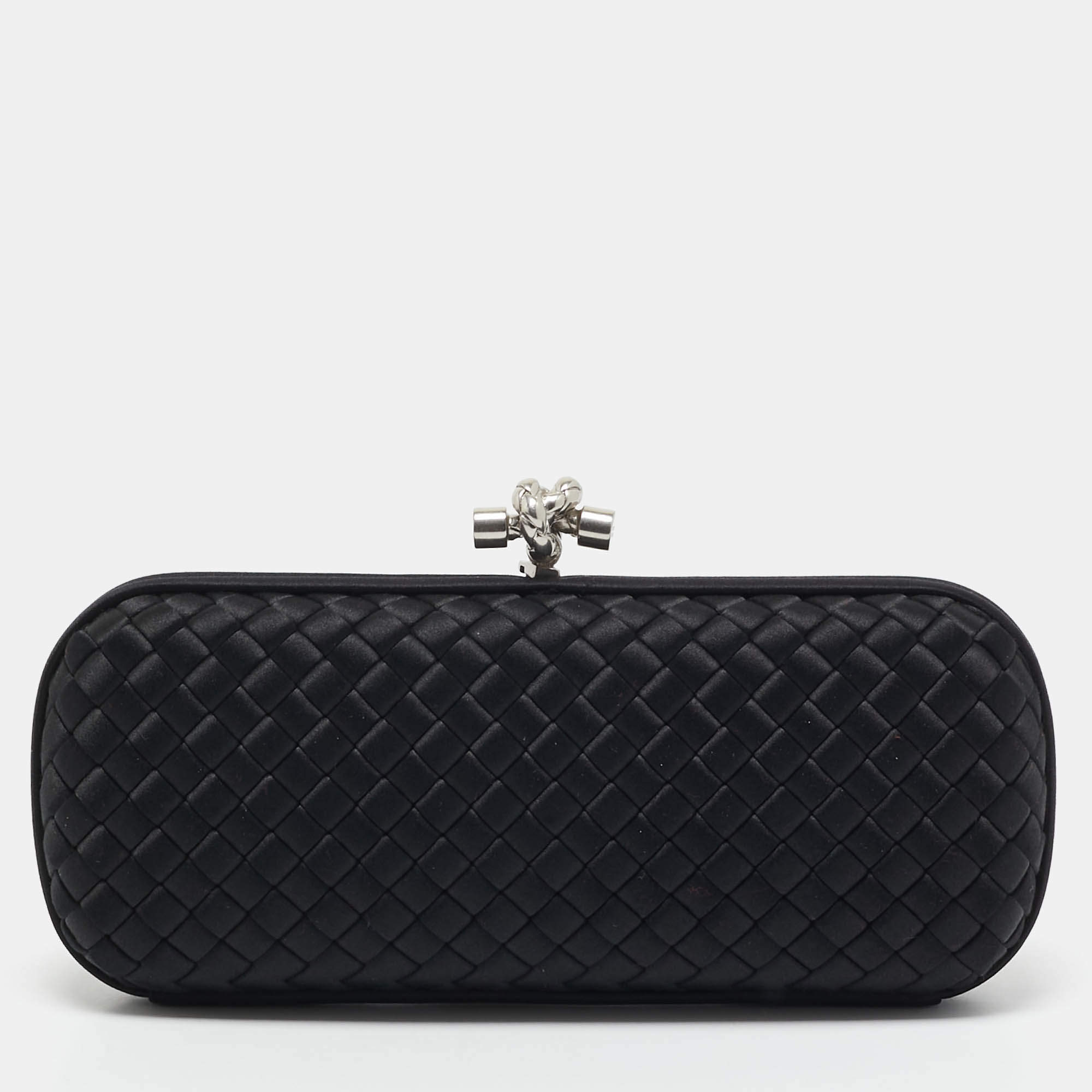 Pre Owned Bottega Veneta Black Intrecciato Satin Stretch Knot Clutch