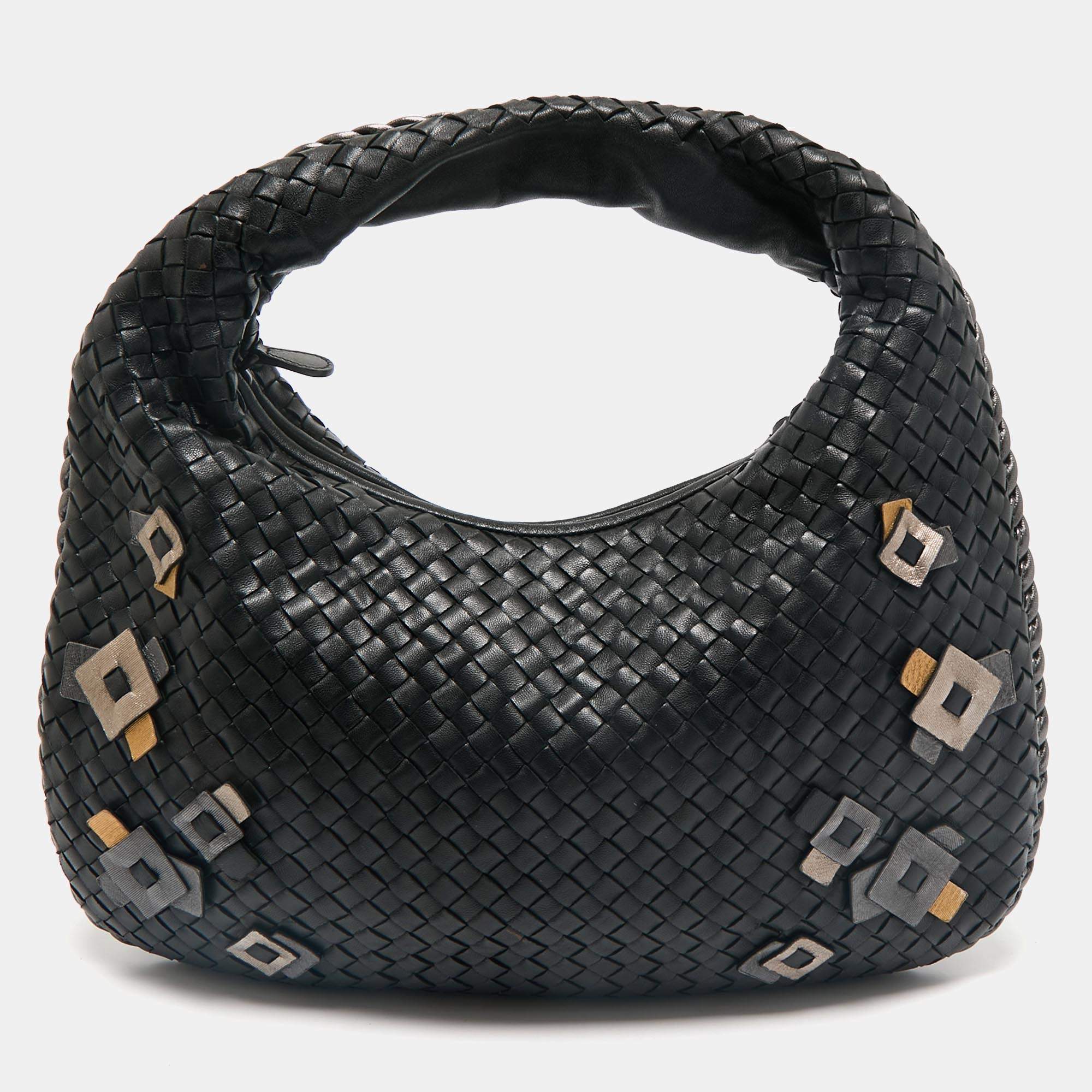 Pre Owned Bottega Veneta Black/Metallic Grey Intrecciato Leather Medium Applique Veneta Hobo